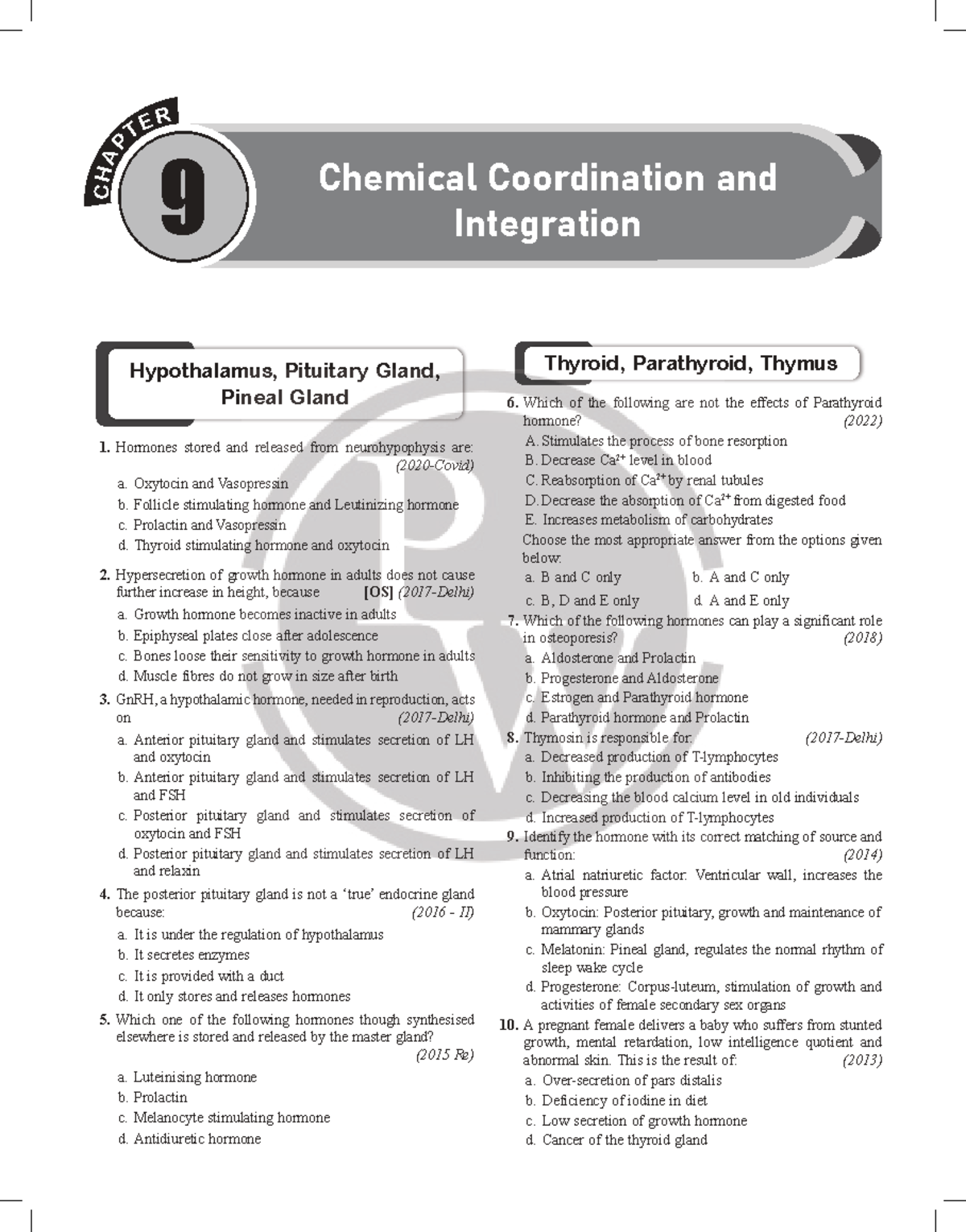 Chemical Coordination and Integration PYQs (P CHA TE R 9) - Studocu