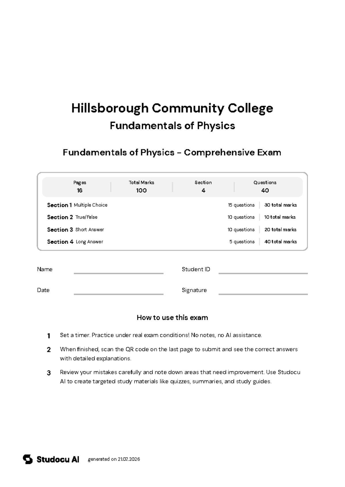 Fundamentals of Physics - Comprehensive Exam - Studocu