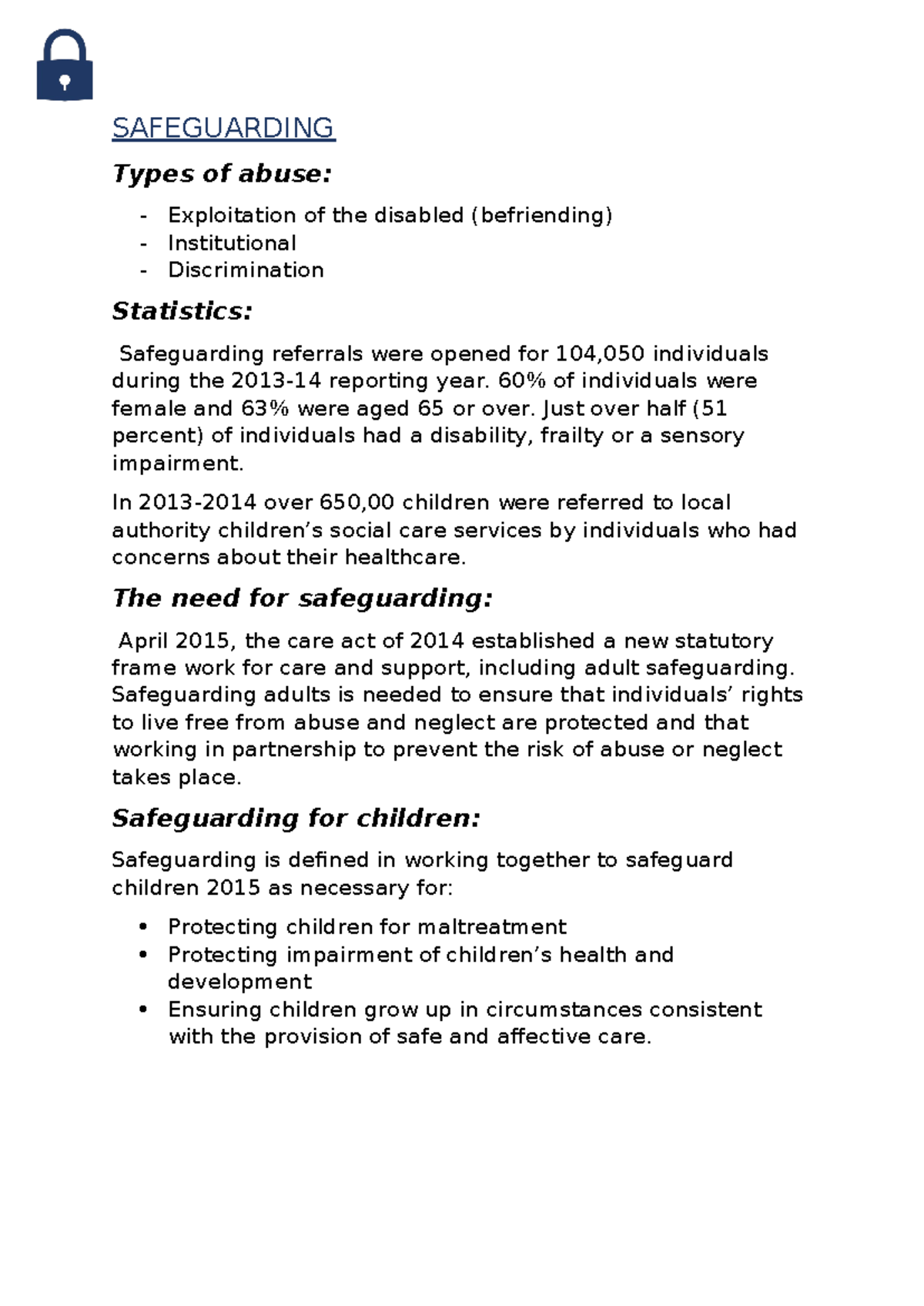 Safeguarding - notes i took in class, pretty good, includes all types ...