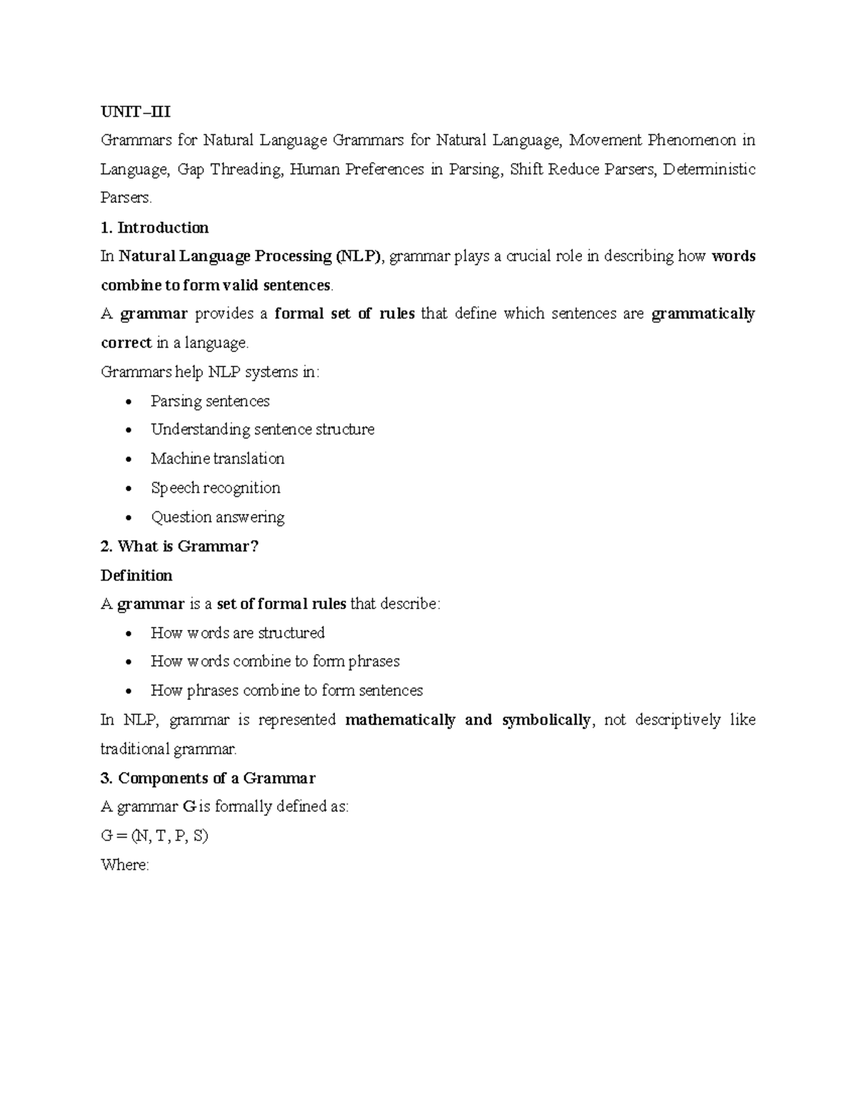 NLP Unit 3 - Lecture Notes on Natural Language Grammars and Parsing ...