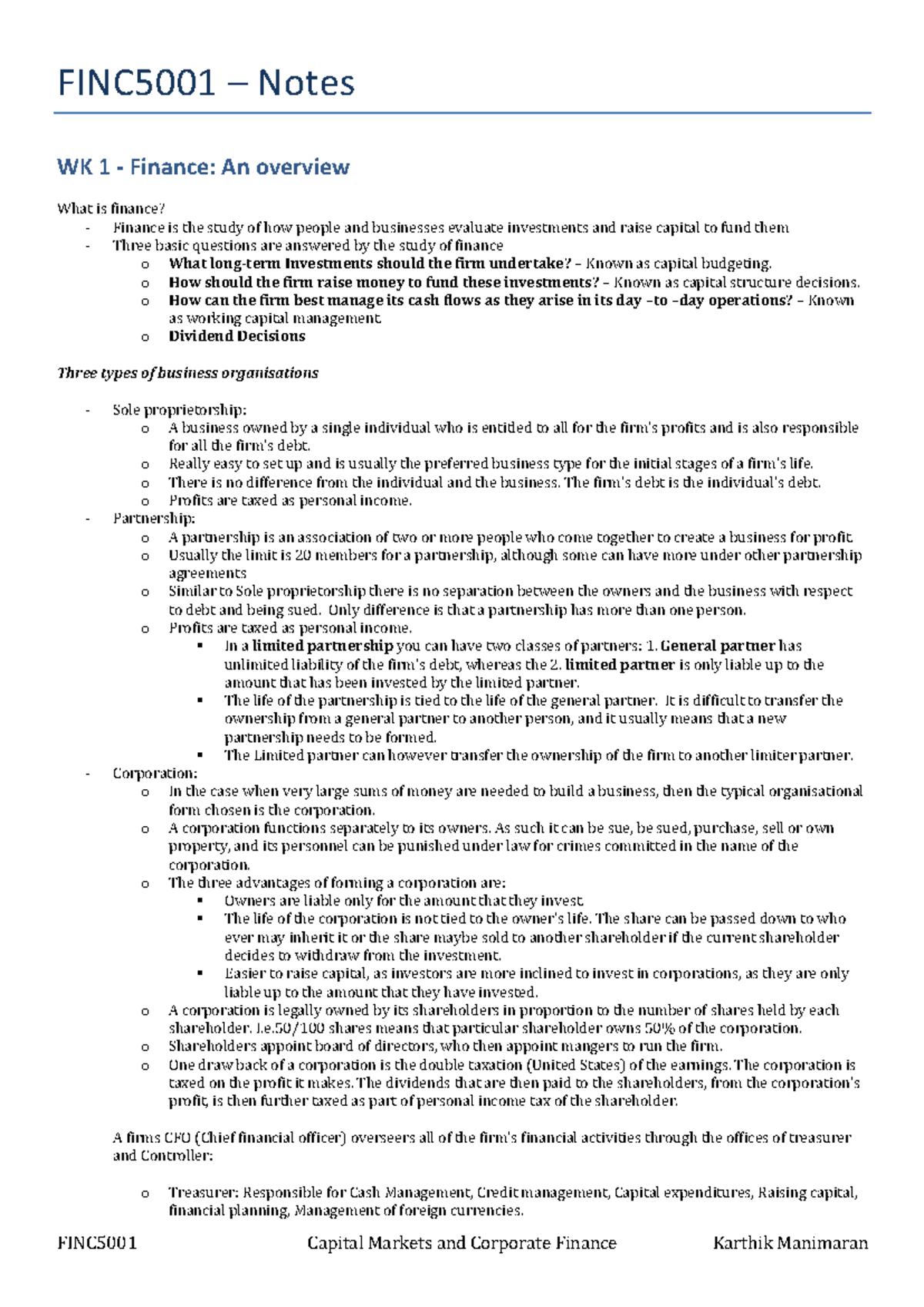 FINC5001 – Notes - Summary Capital Markets and Corporate Finance ...