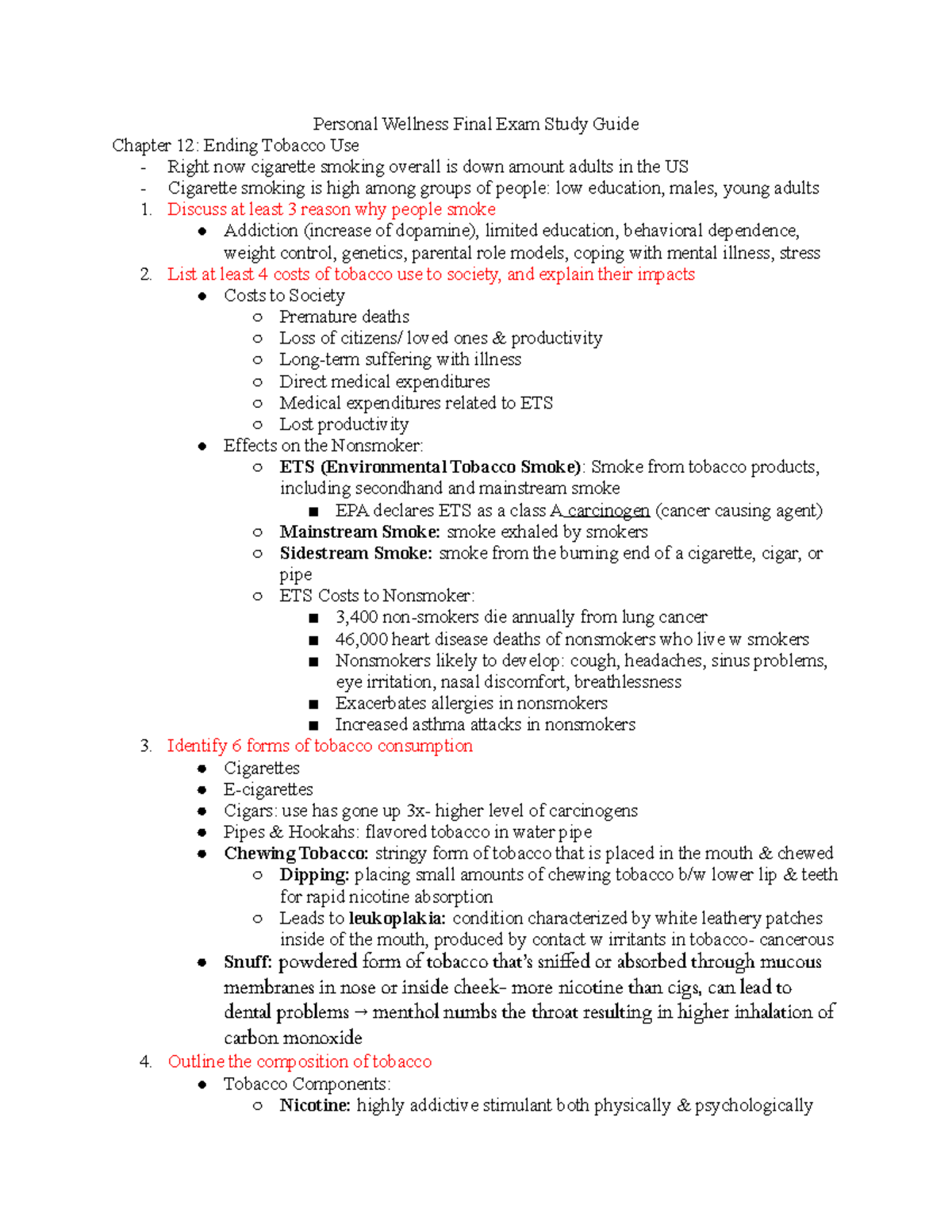 Health Final Study Guide - Personal Wellness Final Exam Study Guide ...