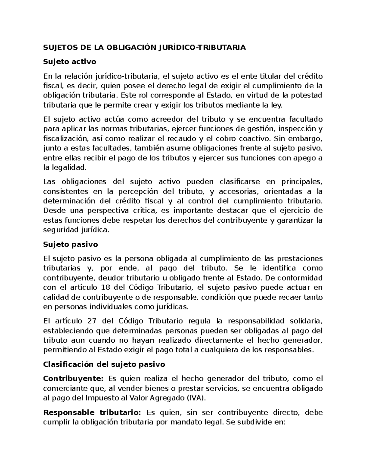 SUJETOS DE LA OBLIGACIÓN: Análisis del Sujeto Activo y Pasivo en el ...