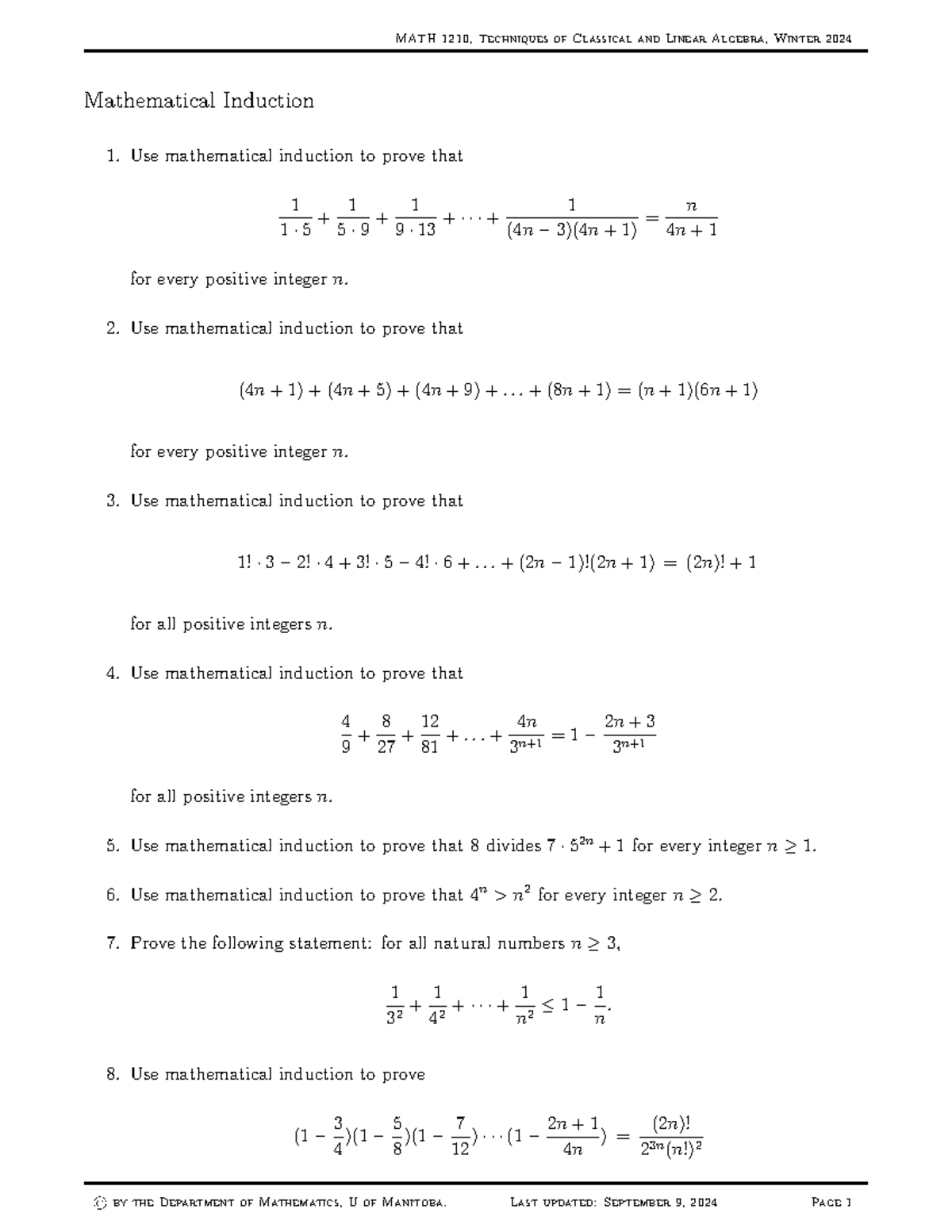 MATH 1210 - Winter 2024 Induction Techniques and Proofs - Studocu