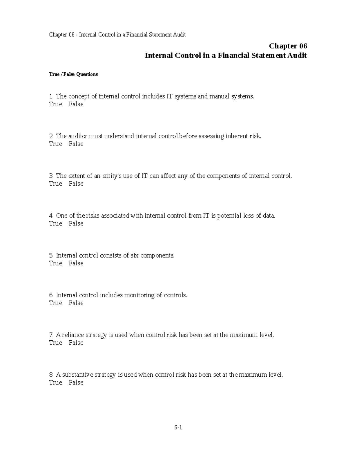 Acct 3222 CH 6 Internal Control Assessment Test Bank - Studocu