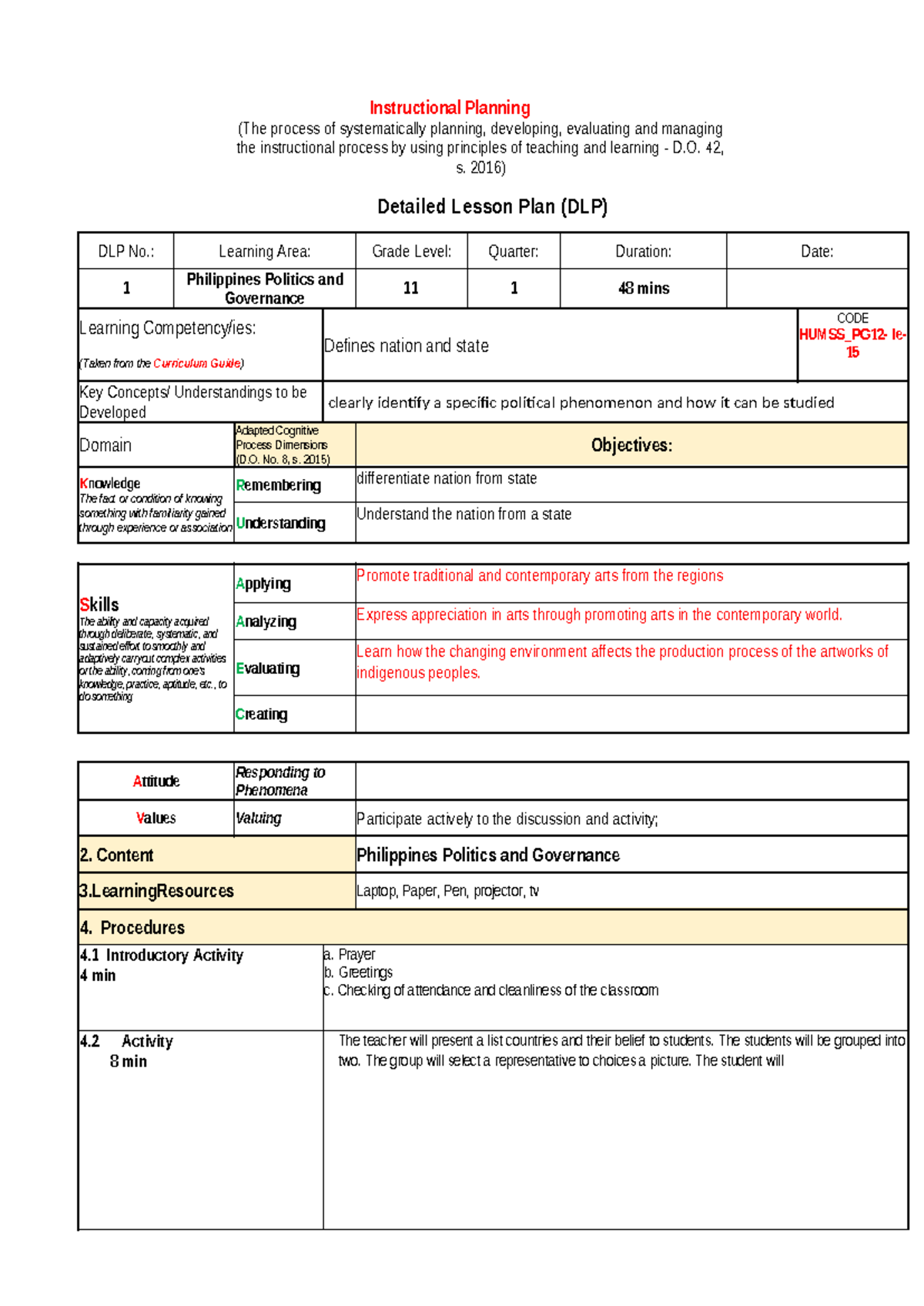 Dlp - lesson plan - Instructional Planning (The process of ...