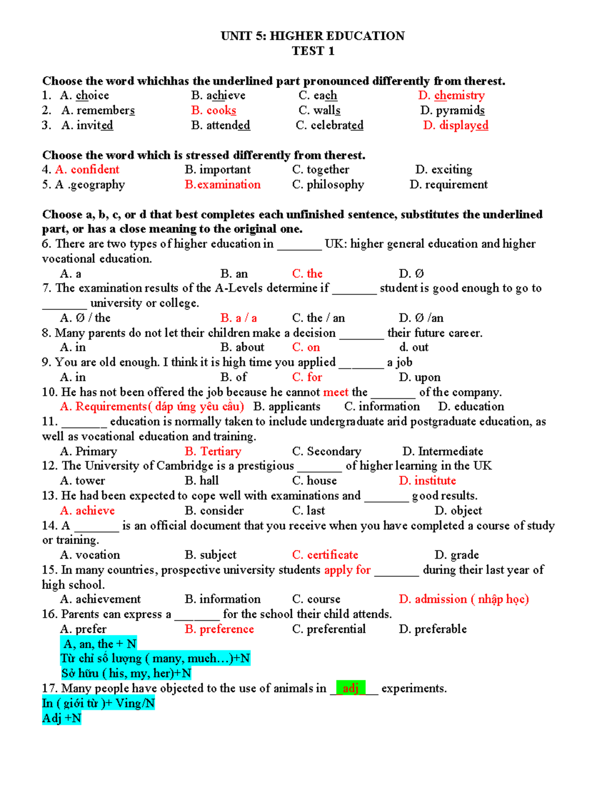AV HỌC KÌ 1 - no see - UNIT 5: HIGHER EDUCATION TEST 1 Choose the word ...
