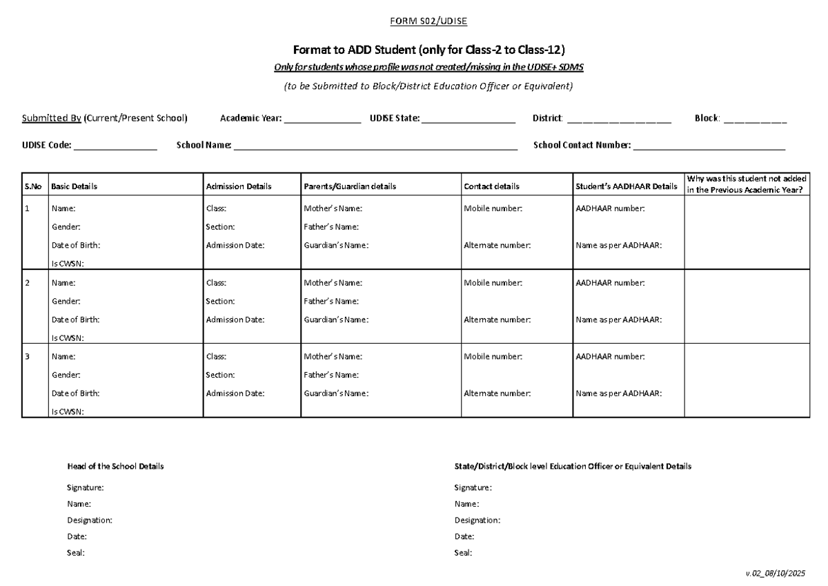 Form S02 - Student Admission Details for SDMS Submission - Studocu