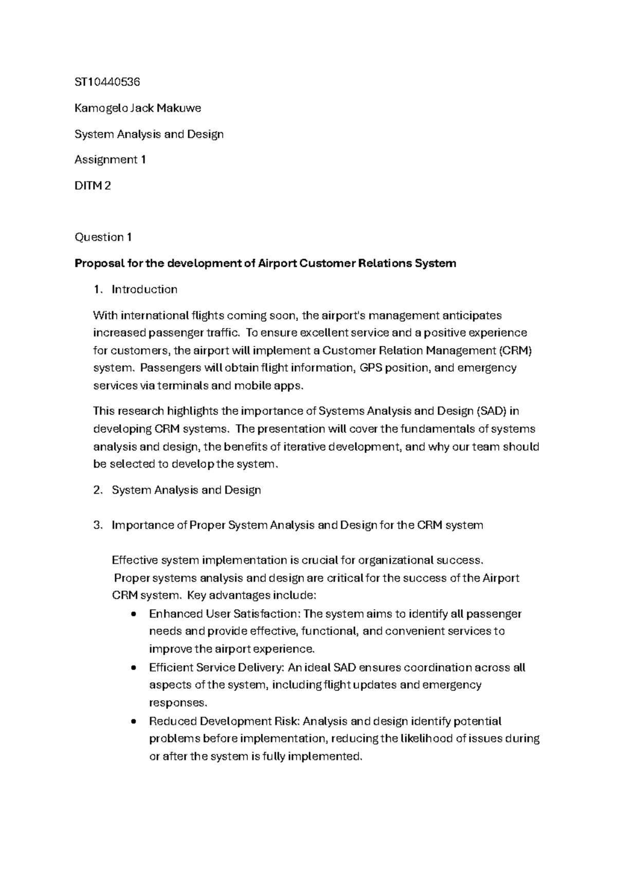 ST10440536 DITM 2 System Analysis & Design for Airport CRM System - Studocu