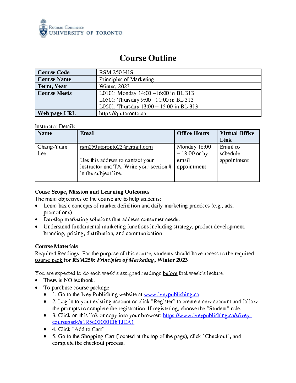 RSM250H1S Principles of Marketing Course Outline - Winter 2023 - Studocu