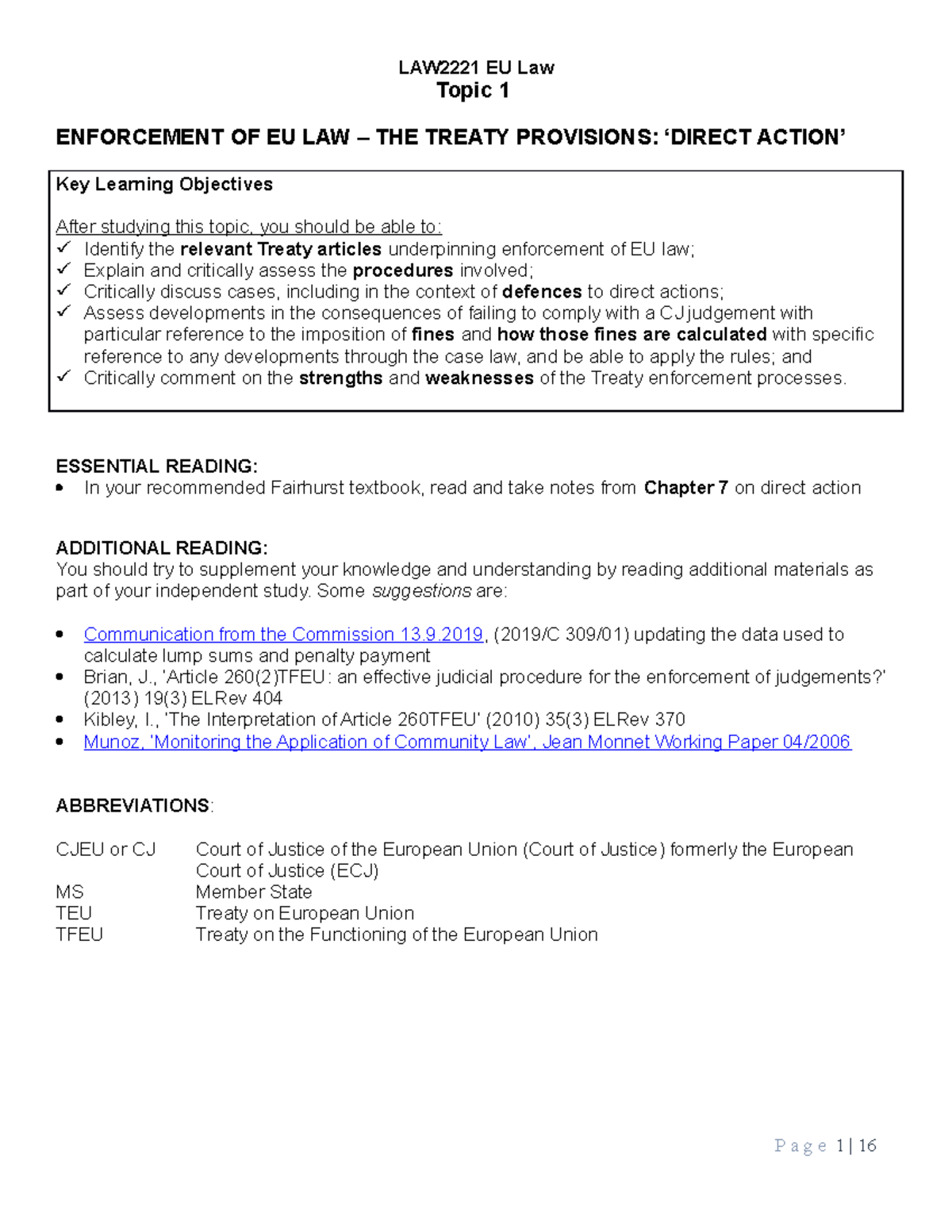 Enforcement of EU Law: Direct Action Procedures - LAW2221 Lecture Notes ...