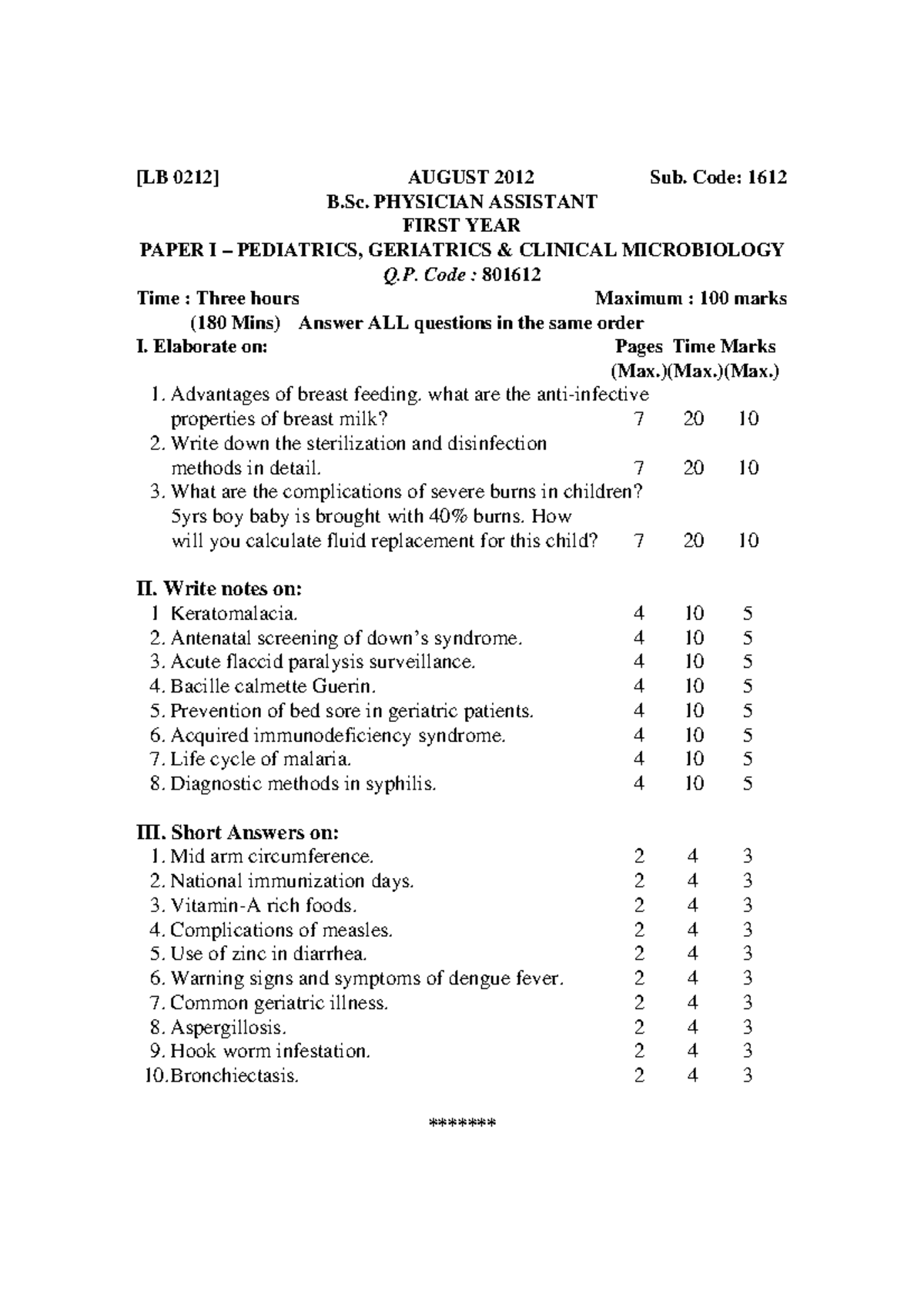 B.Sc. Physician Assistant II Year Paper II: Pediatrics & Geriatrics Q.P ...