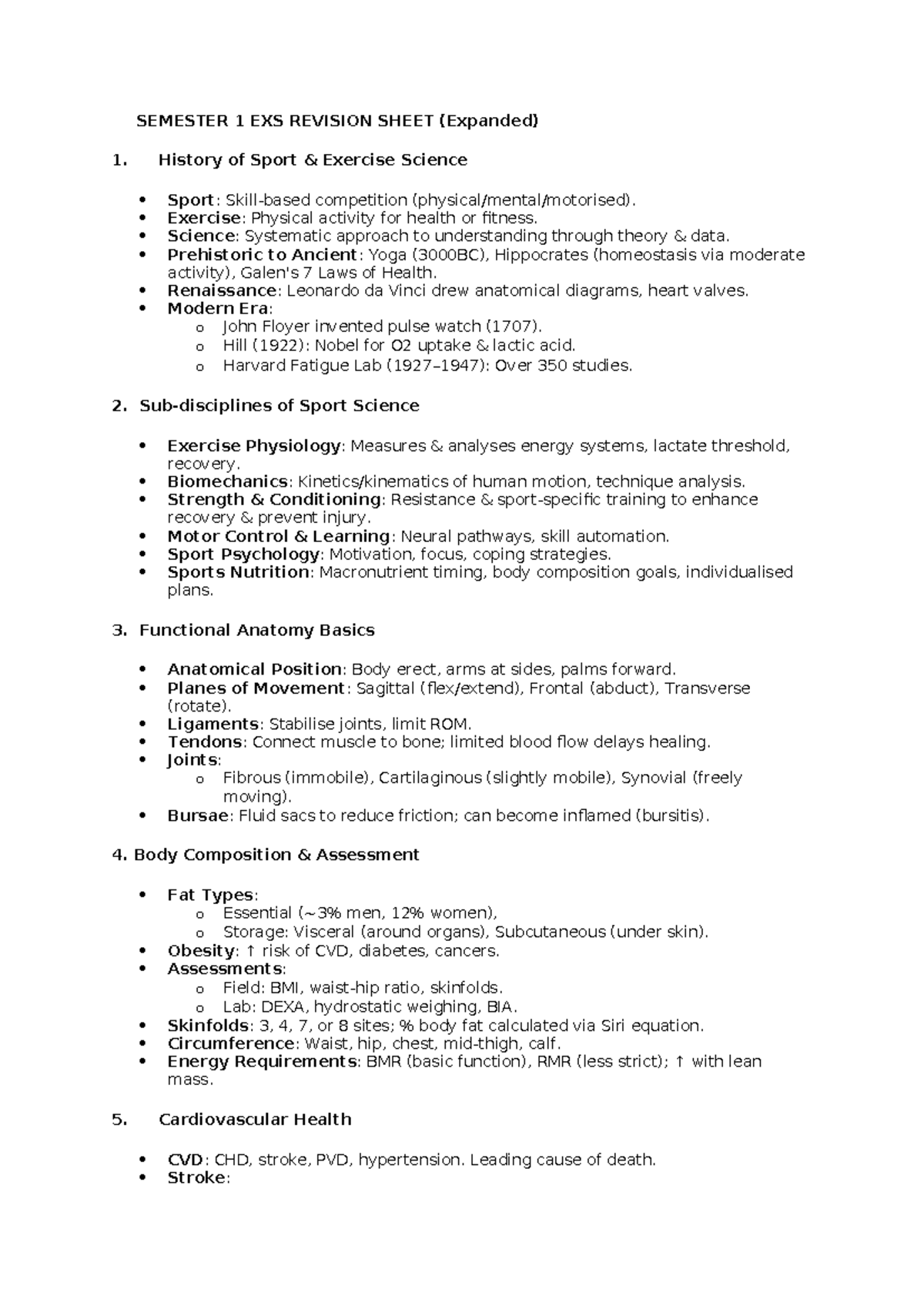 🧠 Semester 1 EXS Revision Sheet: Comprehensive Overview of Exercise ...