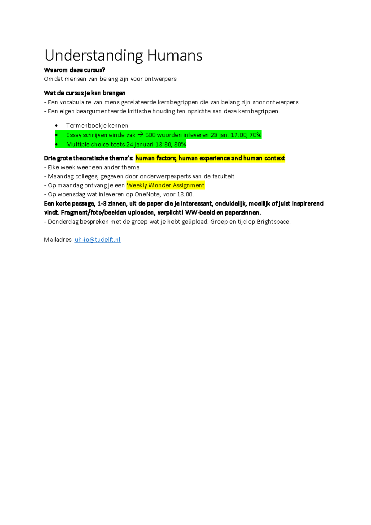 Understanding Humans: Aantekeningen voor Cursus HF101 - Studeersnel