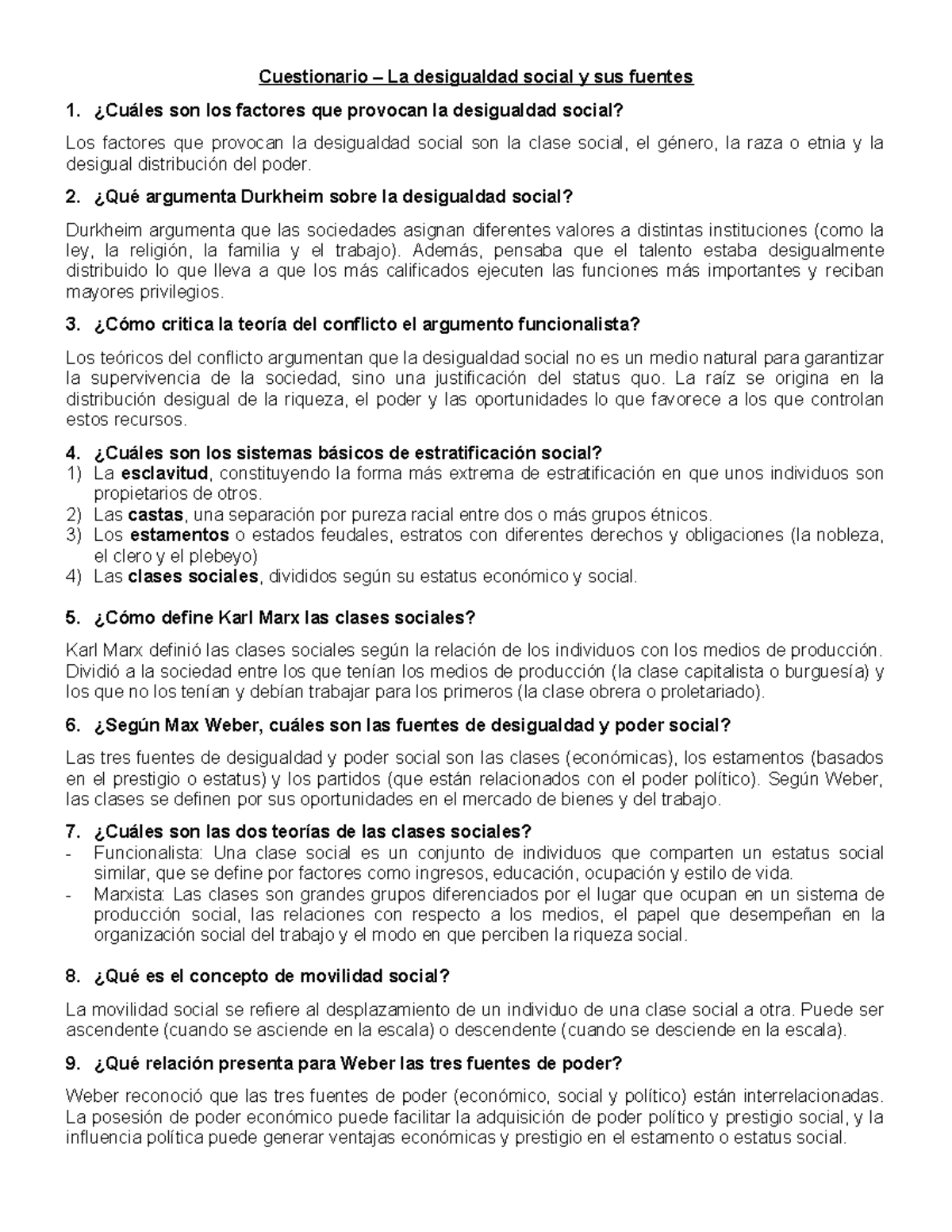 Cuestionario desigualdad social y sus fuentes - Cuestionario – La ...