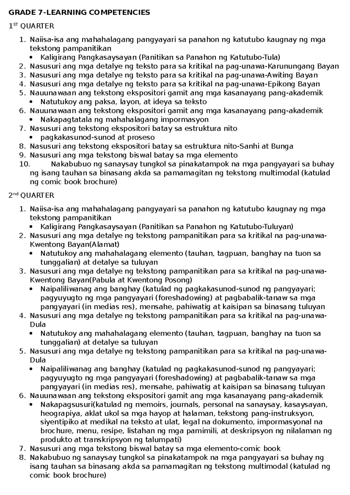 Grade 7 Learning Competencies: 1st to 4th Quarter Overview - Studocu