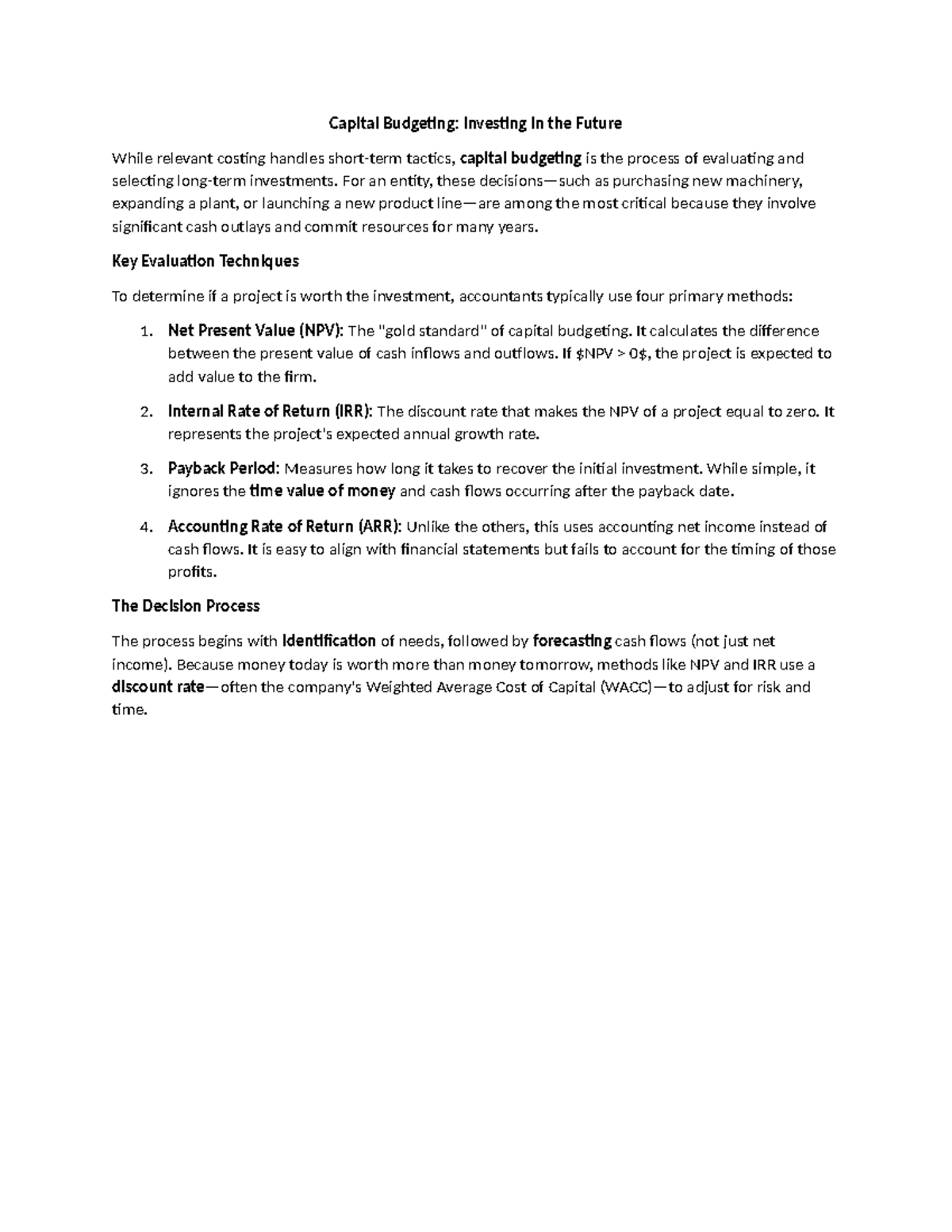 Capital Budgeting (FIN 301): Key Evaluation Techniques and Decision ...