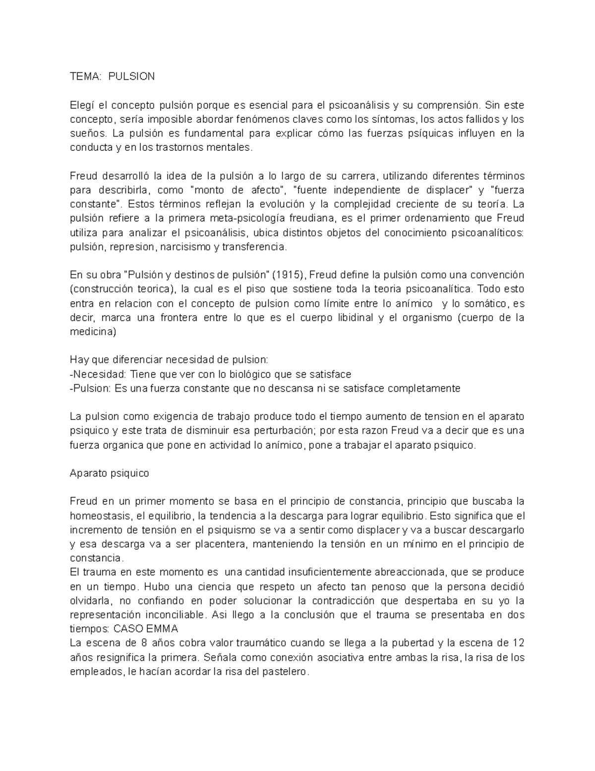 TEMA: Pulsión en Psicoanálisis - Análisis para el Final (TEMA 2023) - Document Preview
