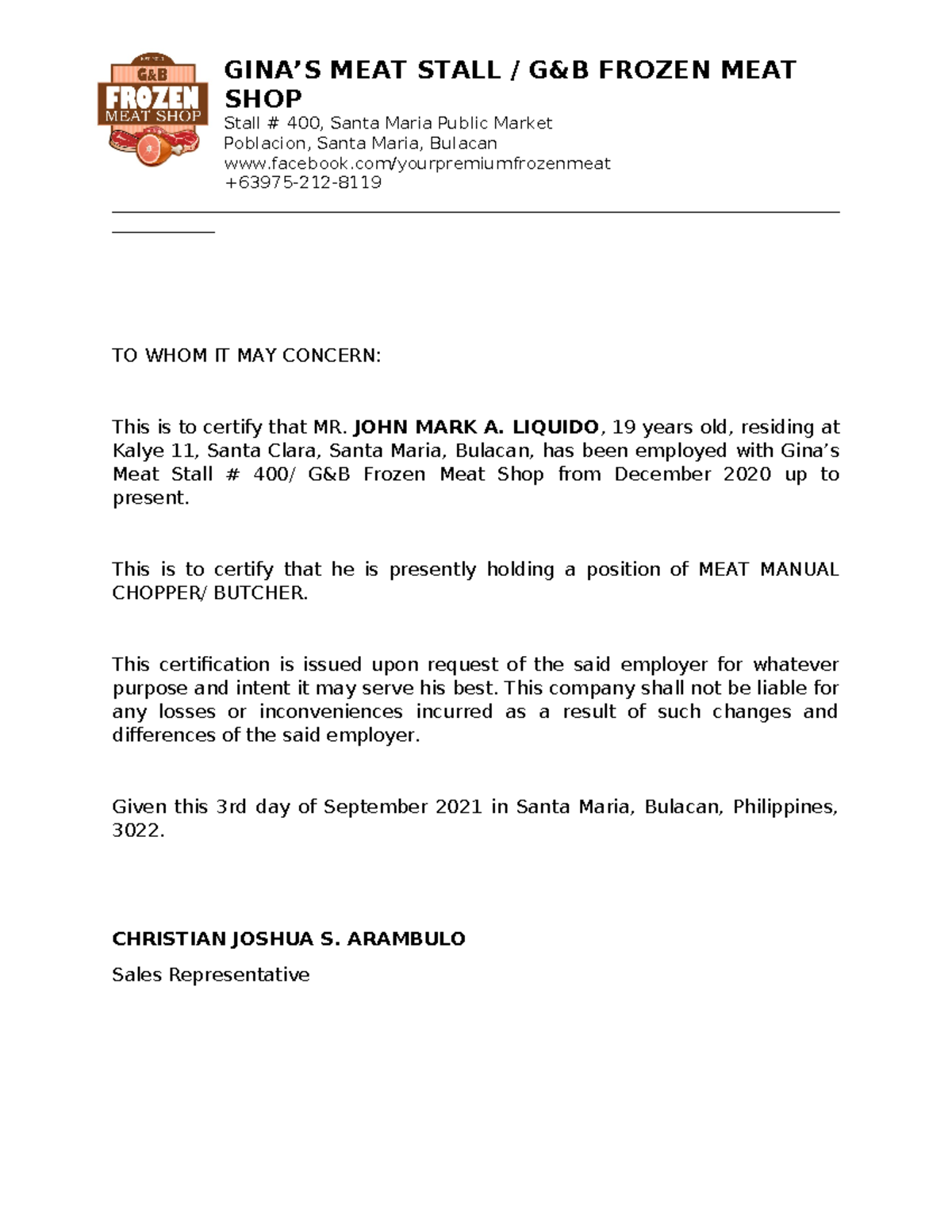 Employment Certification for Mr. John Mark A. Liquido - Butcher Job ...