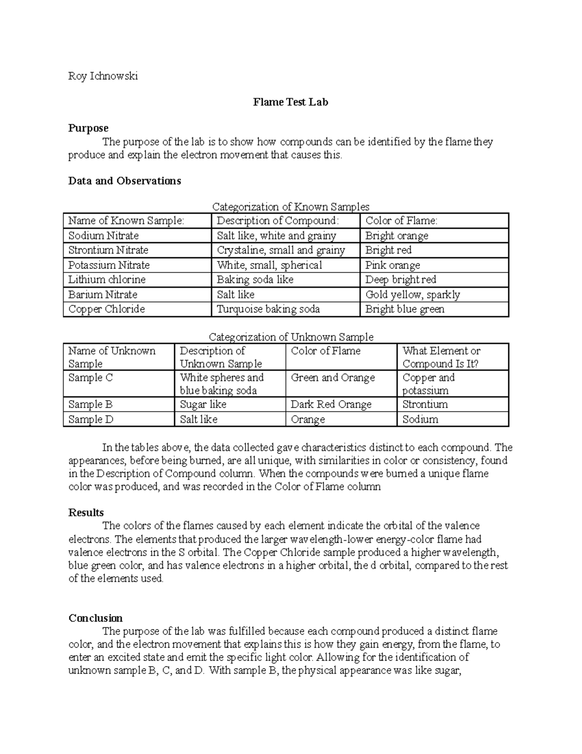 4.2 Flame Test Lab Report: Identifying Compounds by Flame Color - Studocu
