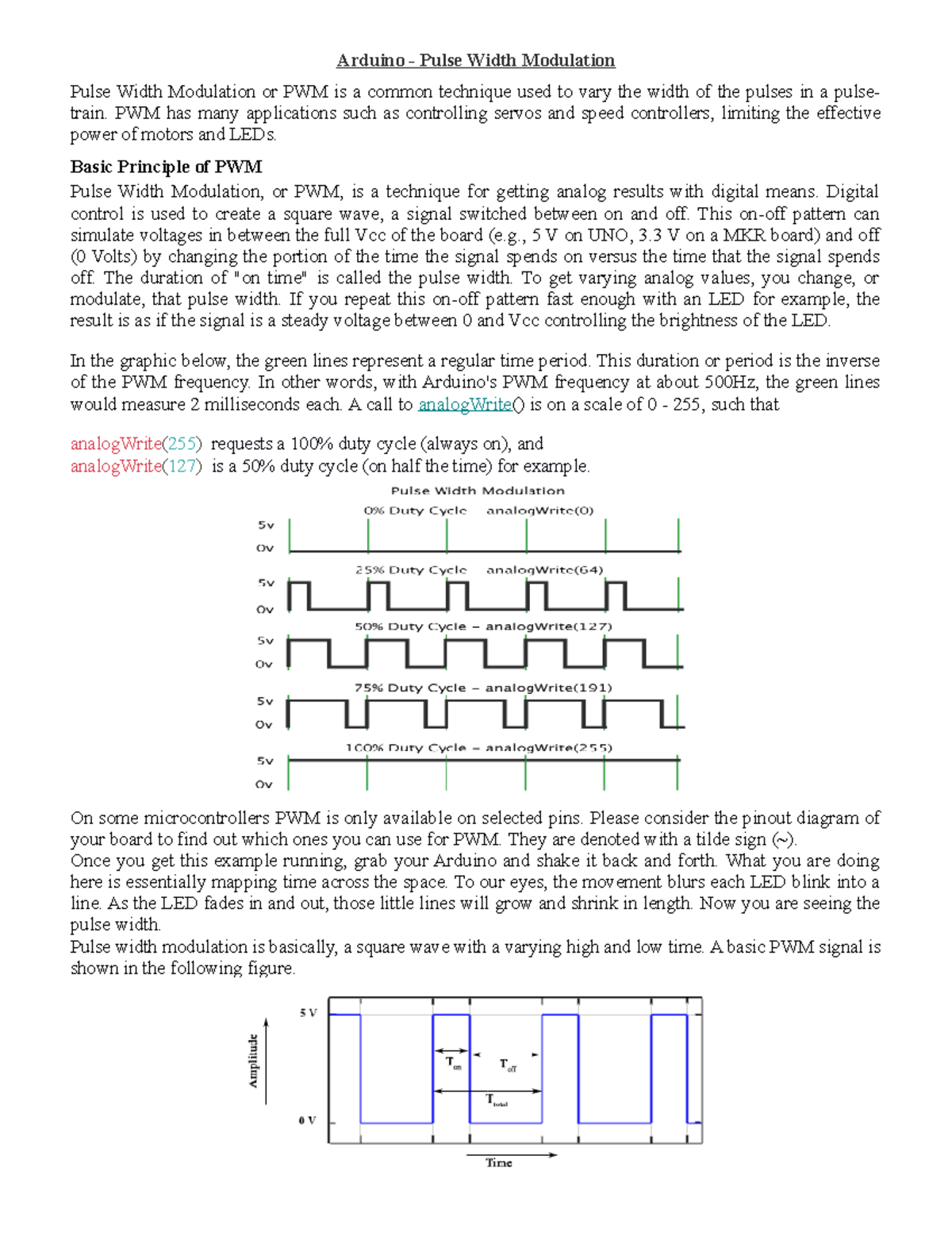 Unit 3 Notes and Experiments - Arduino - Pulse Width Modulation Pulse ...