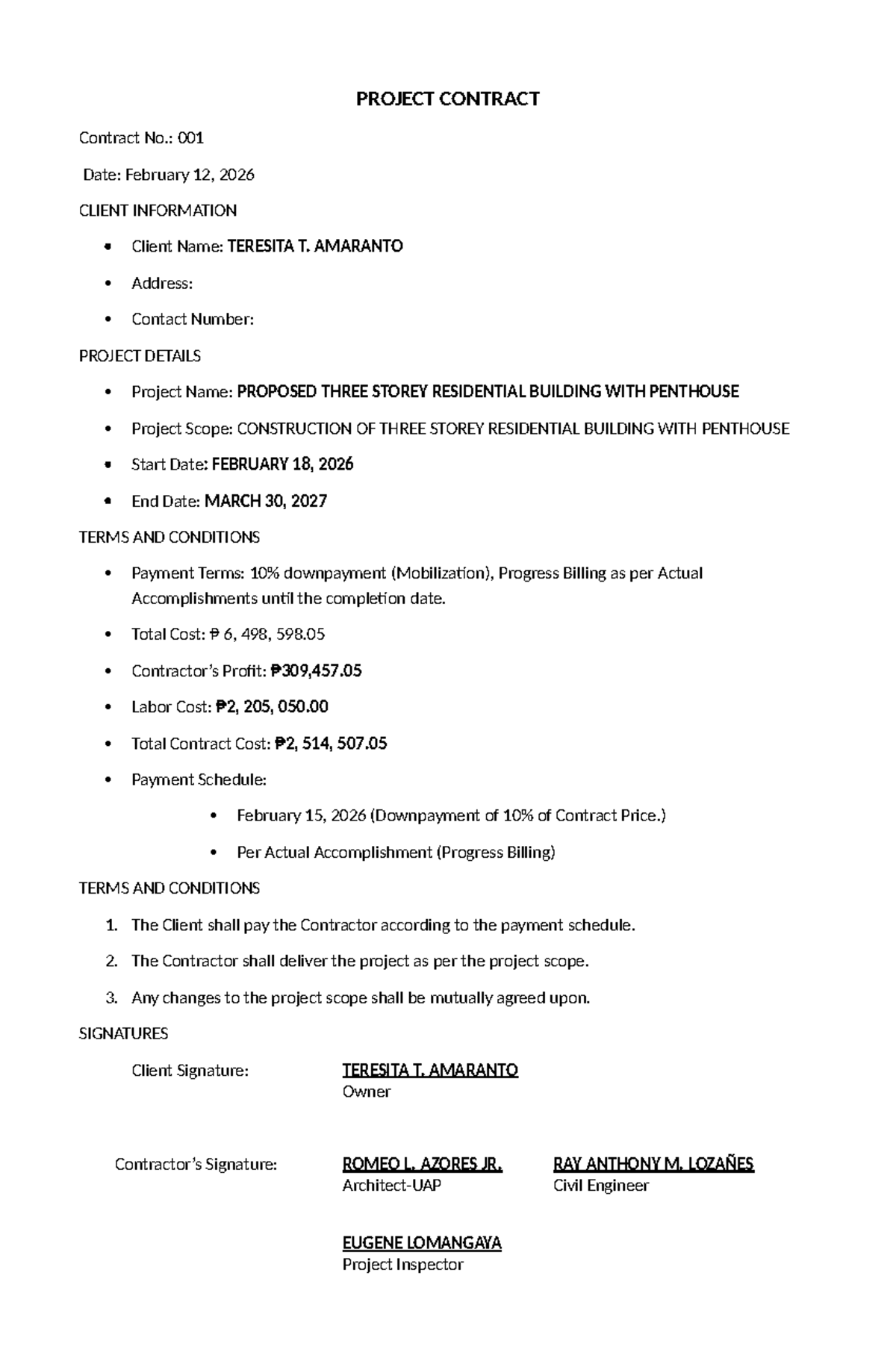Project Contract Summary - Proposed Residential Building - Studocu