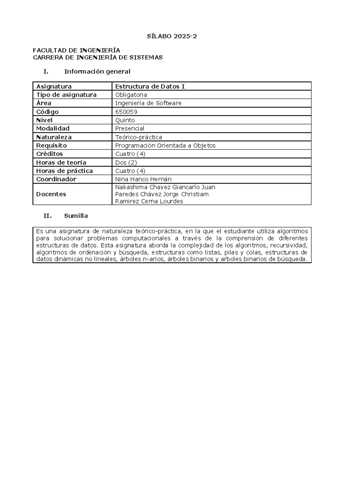 2025-2 SIL Estructura de Datos I - Sílabo y Competencias - Document Preview