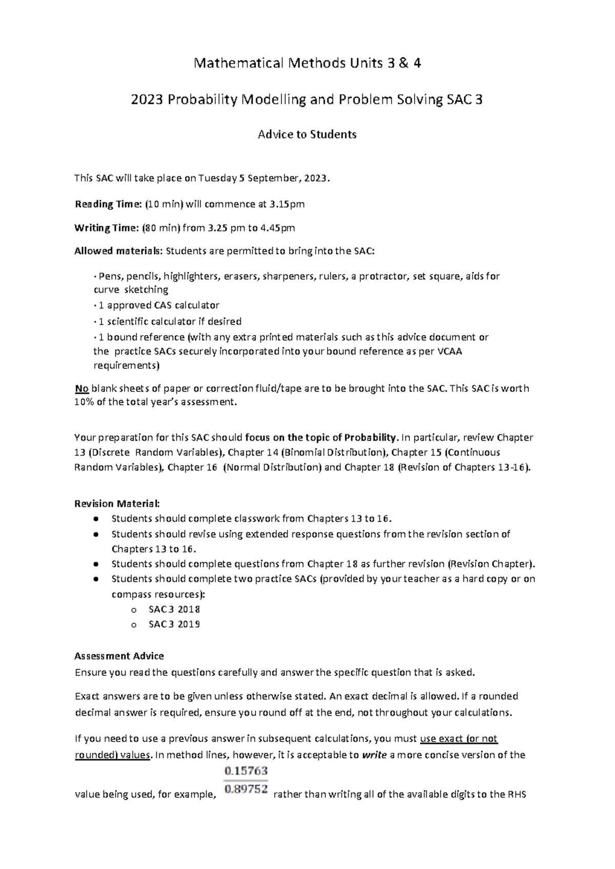 2023 Mathematical Methods Units 3 & 4 Probability SAC 3 Guide - Studocu