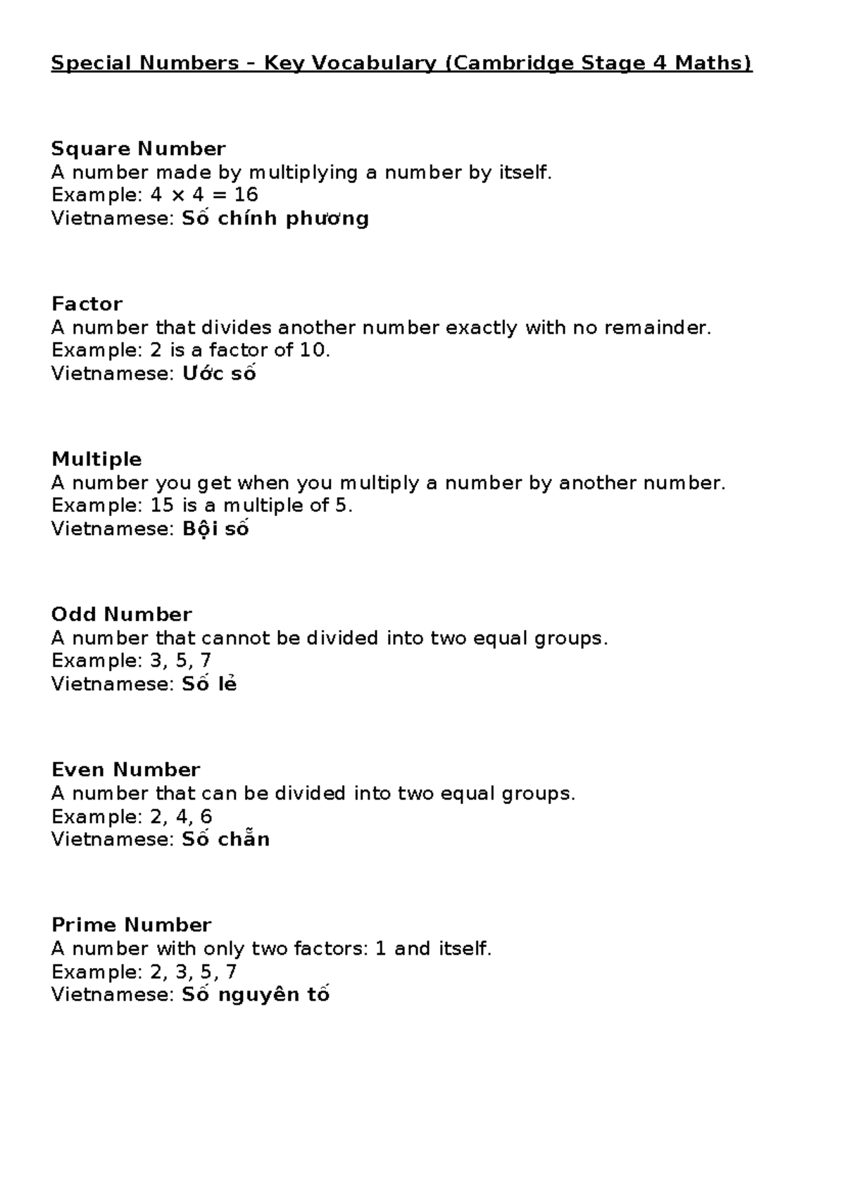 Special Numbers – Key Vocabulary (Cambridge Stage 4 Maths) - Studocu