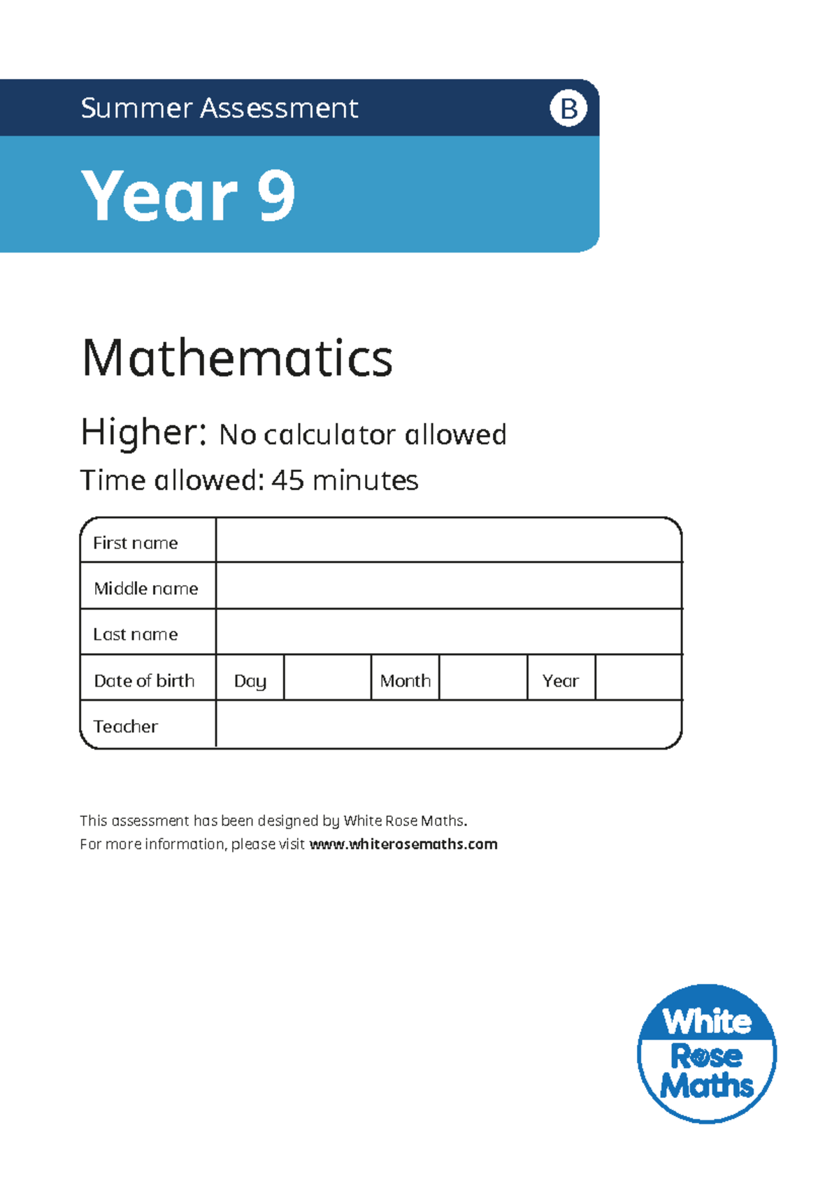 Year 9 Mathematics Summer Assessment - Higher B (No Calculator) - Studocu