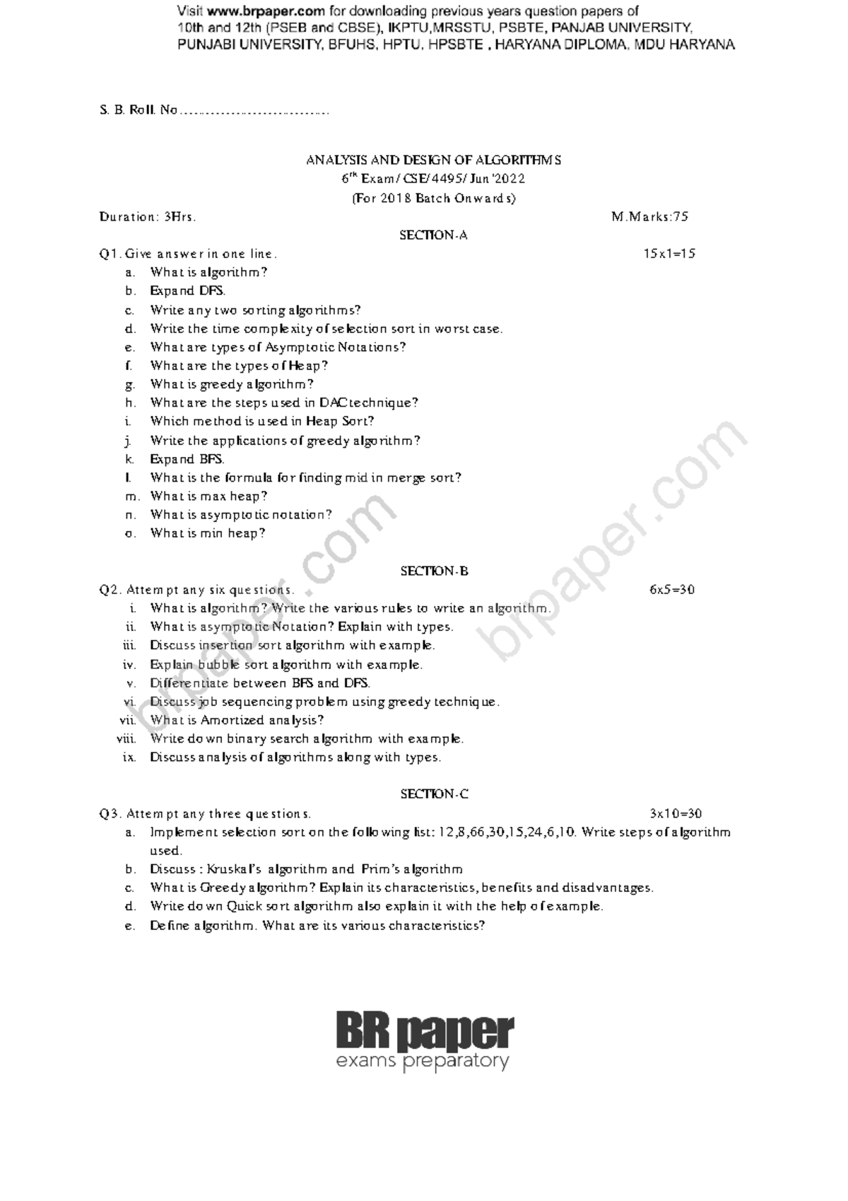 ADA 6th Sem Practice Question Paper (2018 Batch Onwards) - Studocu