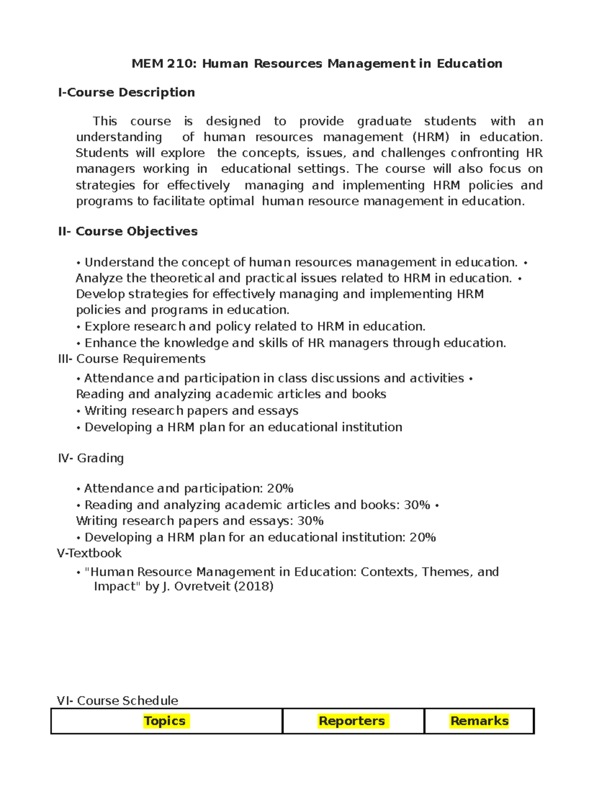 MEM 210: Course Outline and Schedule for HRM in Education - Studocu