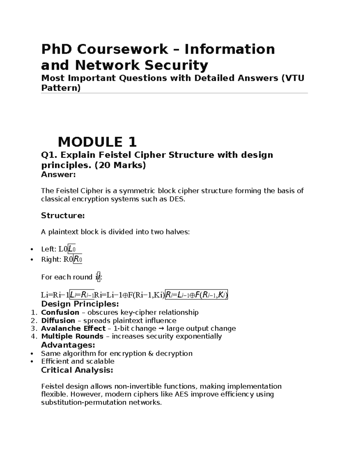 PhD Coursework: Important Questions on Network Security (VTU) - Studocu