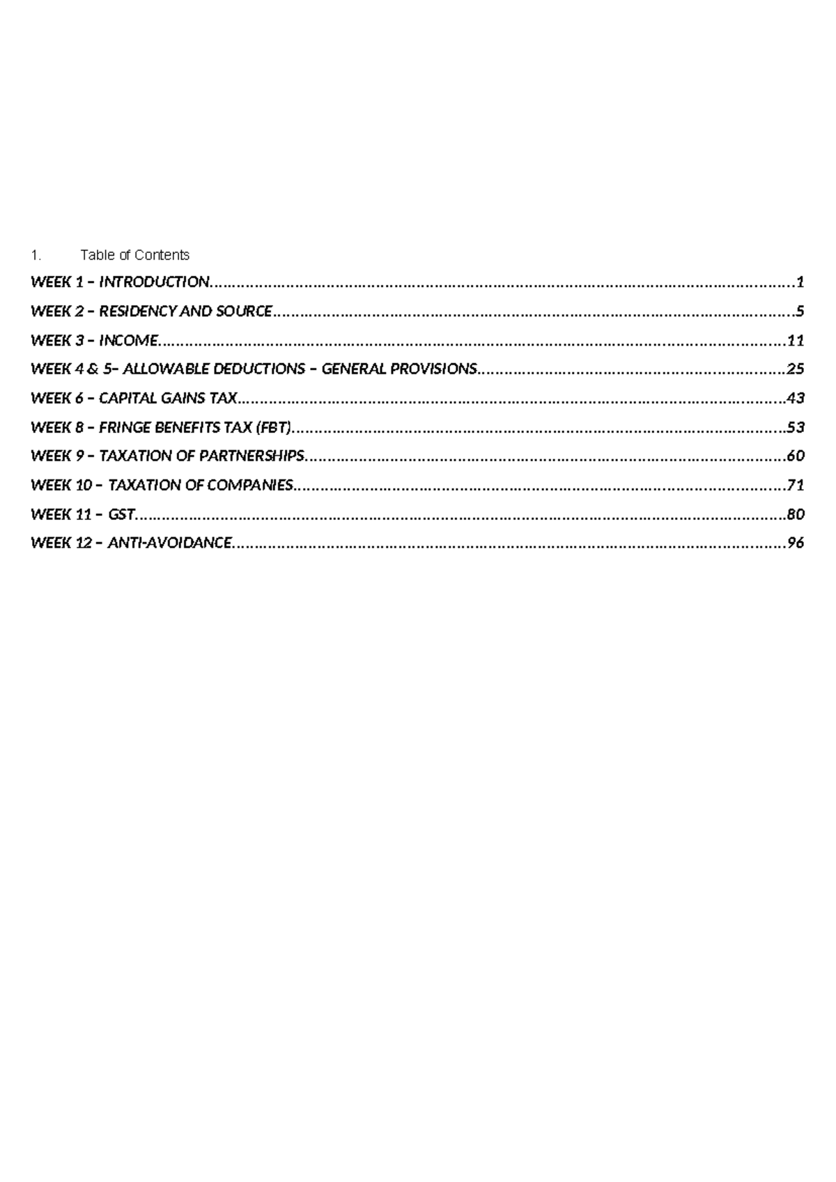 Consolidated Notes - Table of Contents WEEK 1 – - Studocu