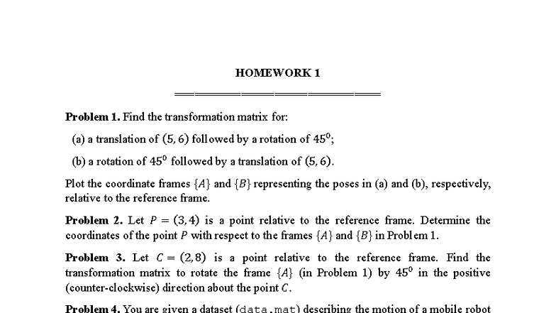 HW1: Transformation Matrices & Robot Motion Analysis - Studocu