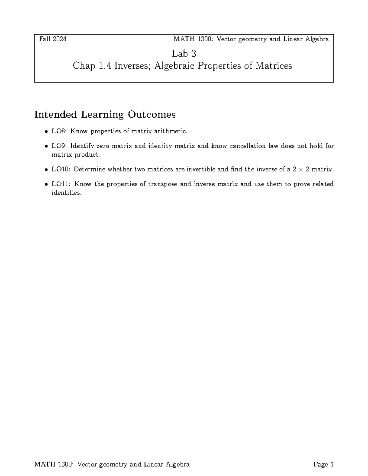 MATH 1300: Vector Geometry & Linear Algebra Lab 3 Solutions - Studocu