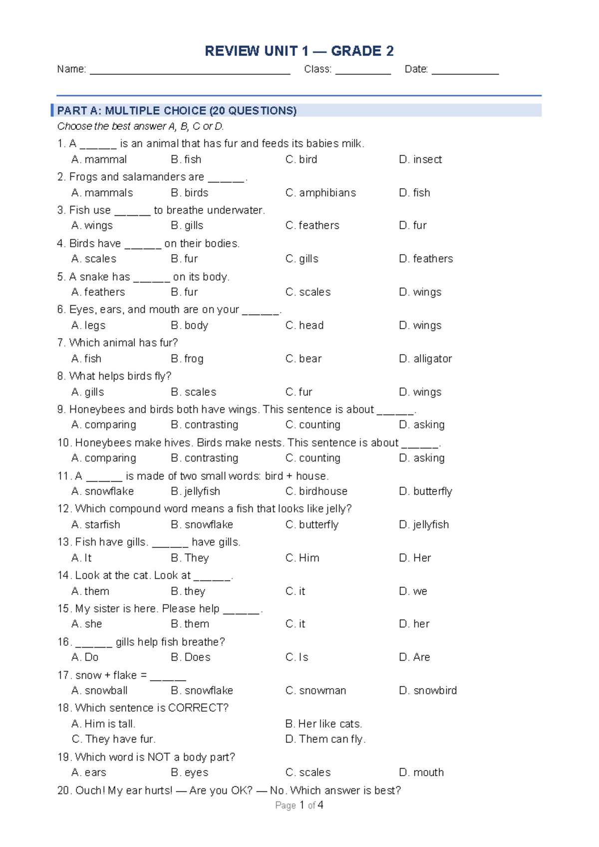 Review Unit 1 Grade 2: Animal Classification & Characteristics - Studocu