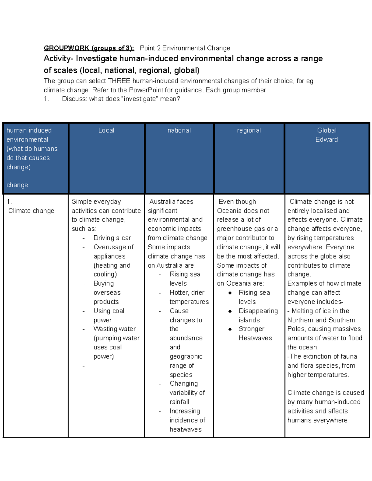 Environmental Change - Homework Sheet - GROUPWORK (groups of 3): Point ...