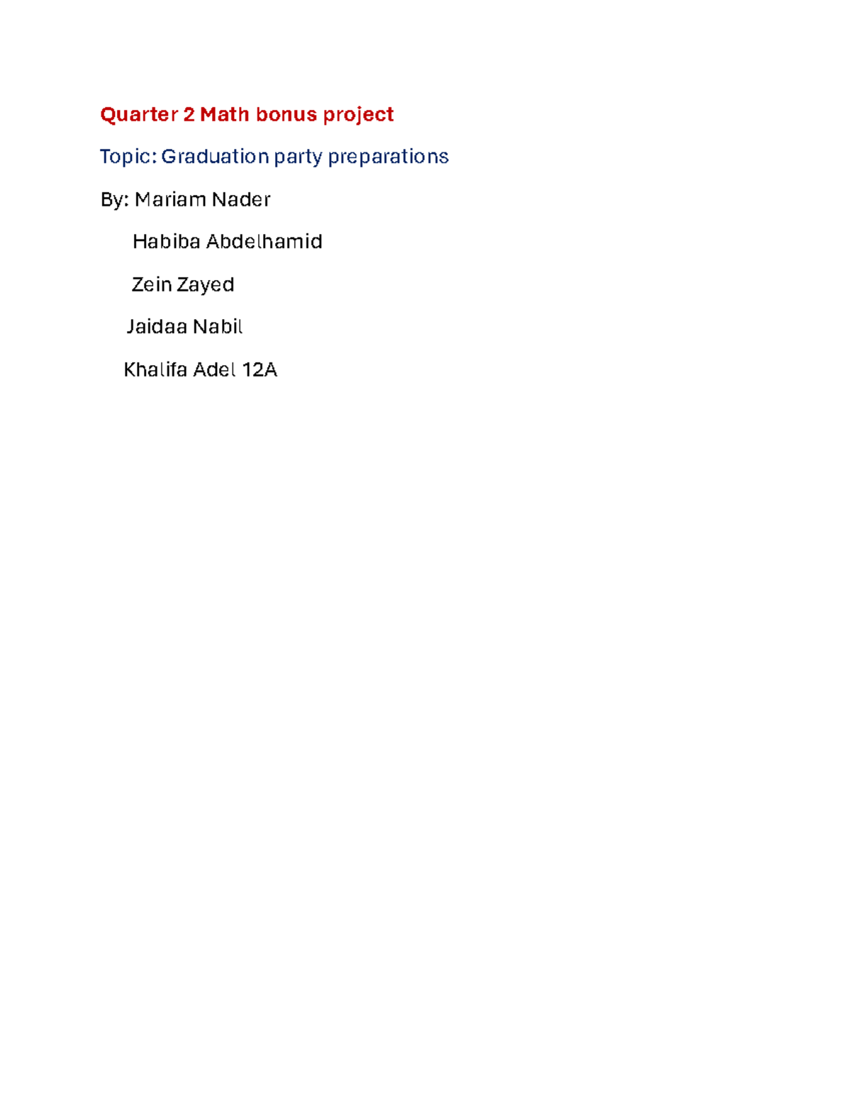 Math Bonus Project Q2: Graduation Party Prep Costs - Studocu