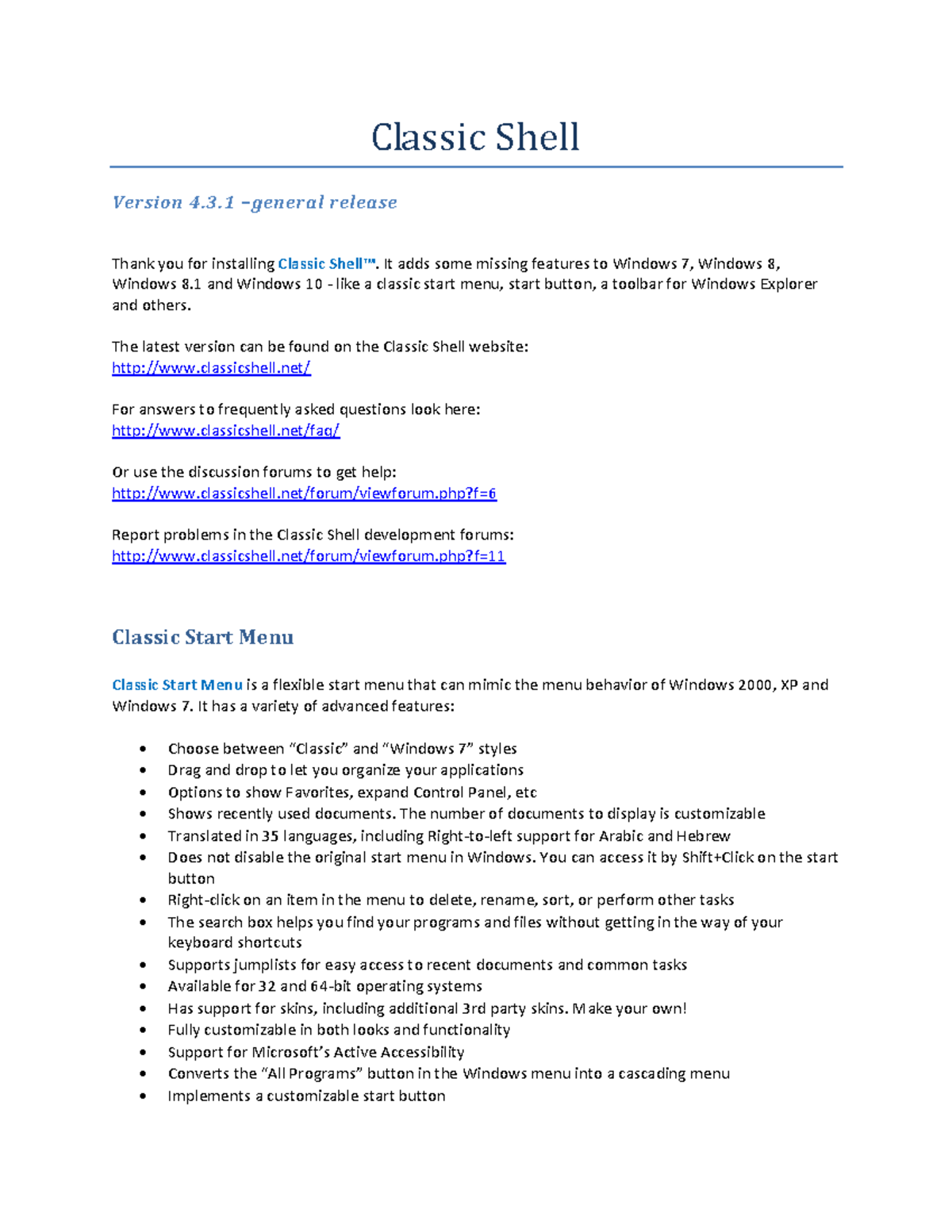 Classic Shell 4.3.1 Readme: Features & Installation Guide - Studocu