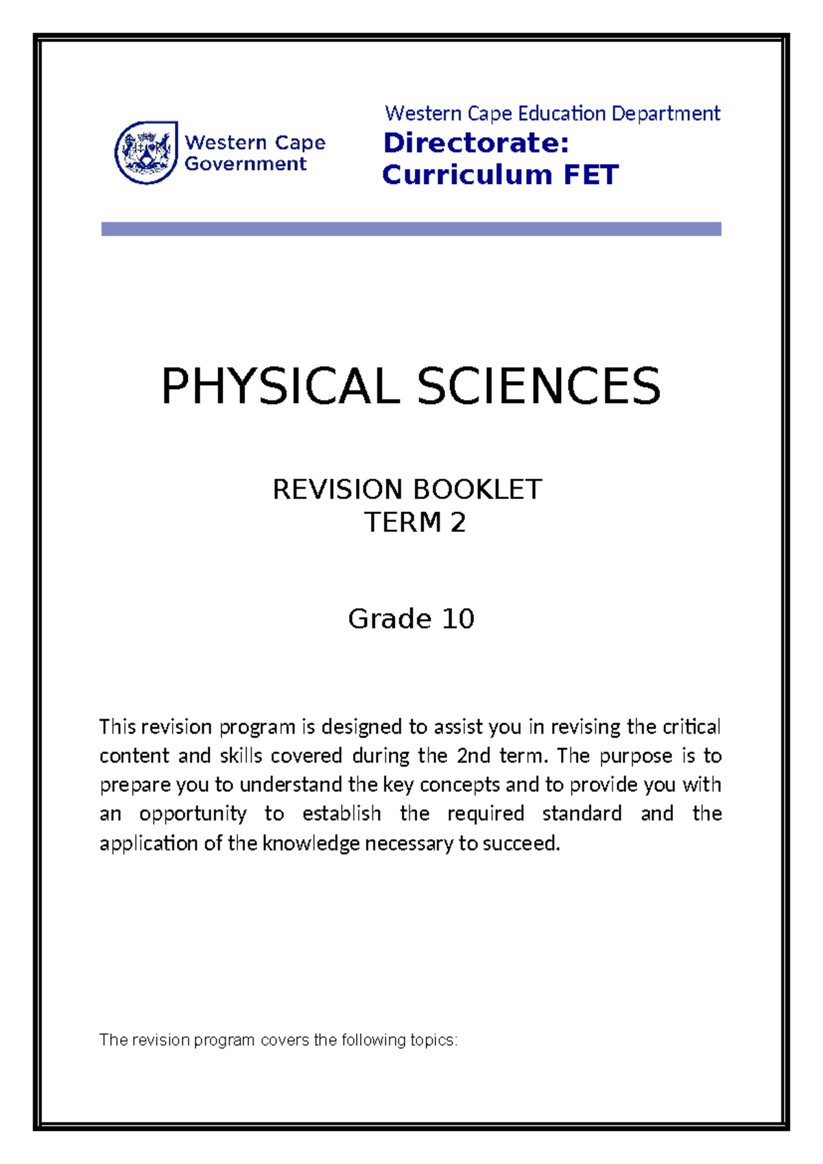 Grade 10 Physical Sciences T2 Revision Guide - Studocu