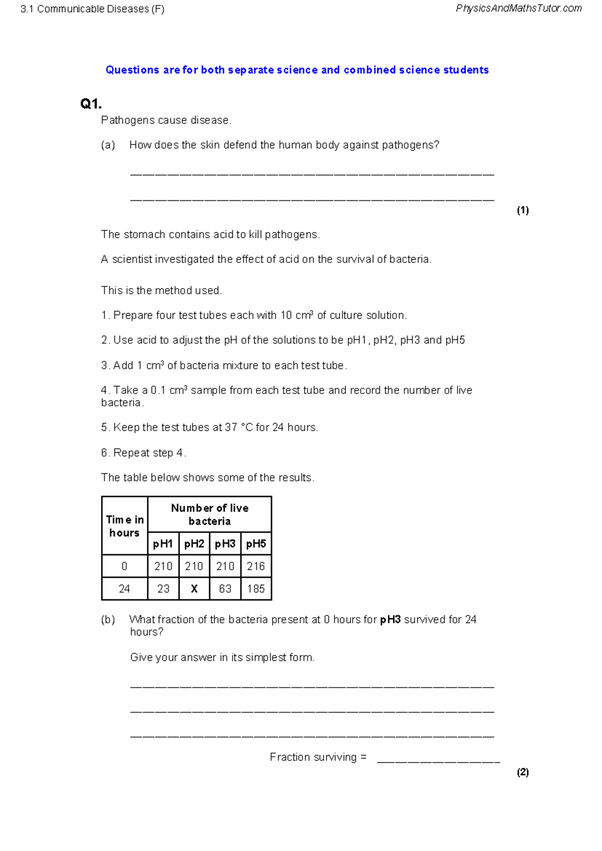 3.1 Communicable Diseases (F) - AQA Biology GCSE Question Paper - Studocu