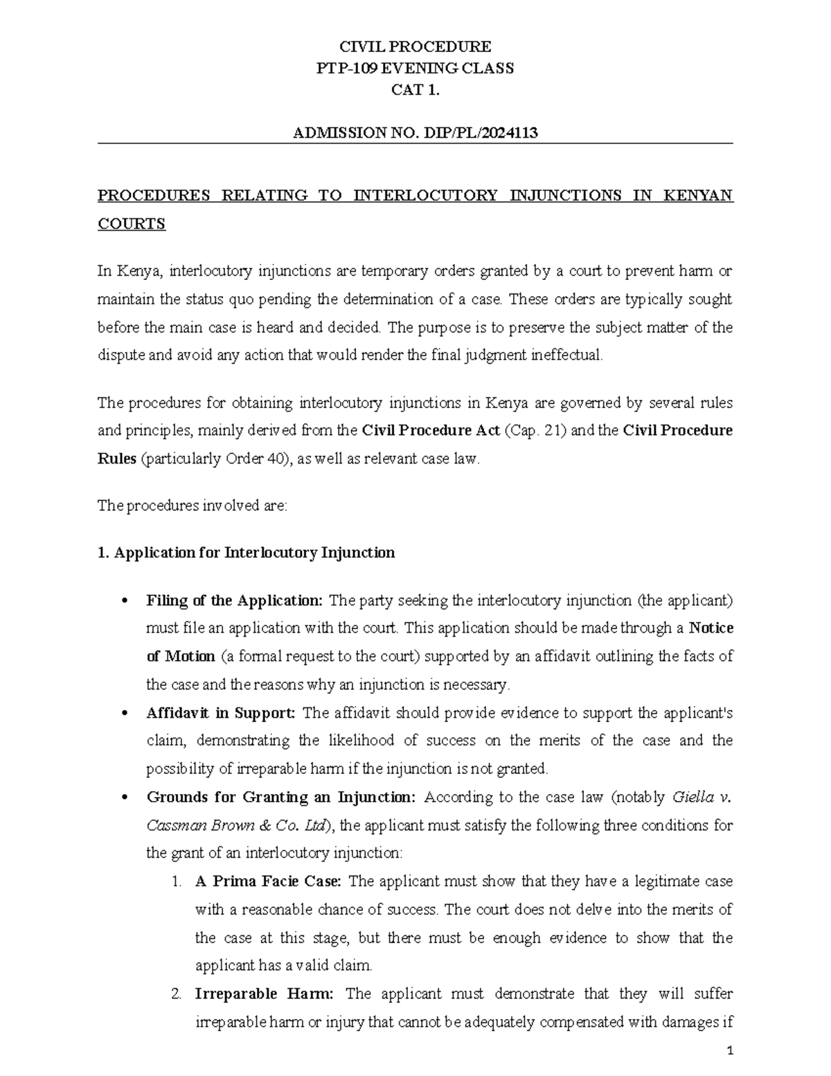 CIVIL PROCEDURE CAT 1: Interlocutory Injunctions in Kenyan Courts - Studocu