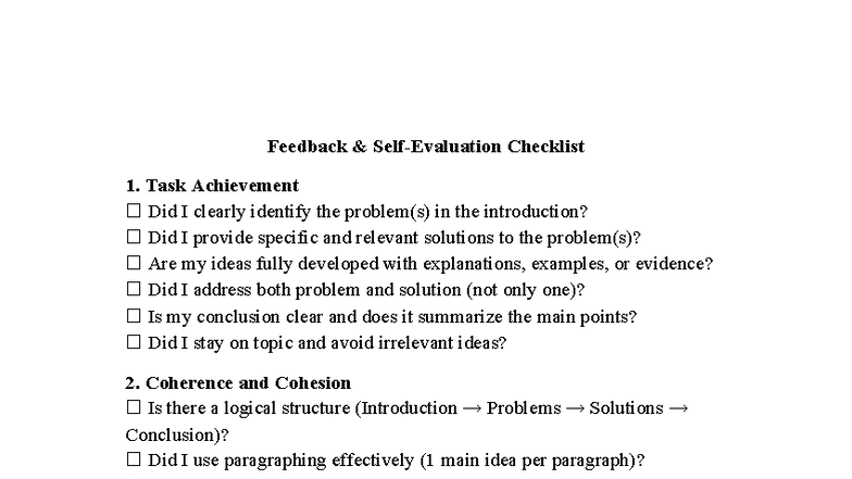 Problem Solution Checklist: Feedback for Essay Writing - Studocu