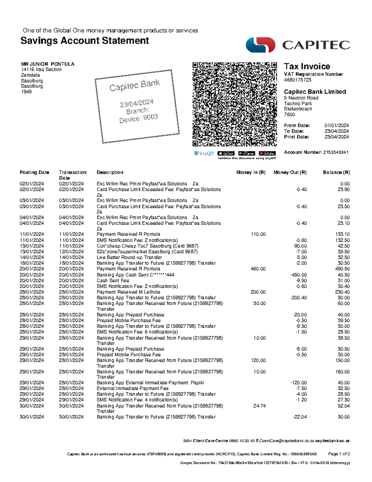 Savings Account Statement - Capitec Bank Document for MR PONTULA - Studocu