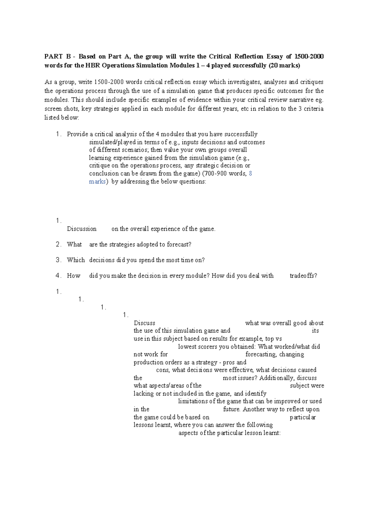 Critical Reflection Essay on HBR Ops Simulation (Assessment 2) - Studocu