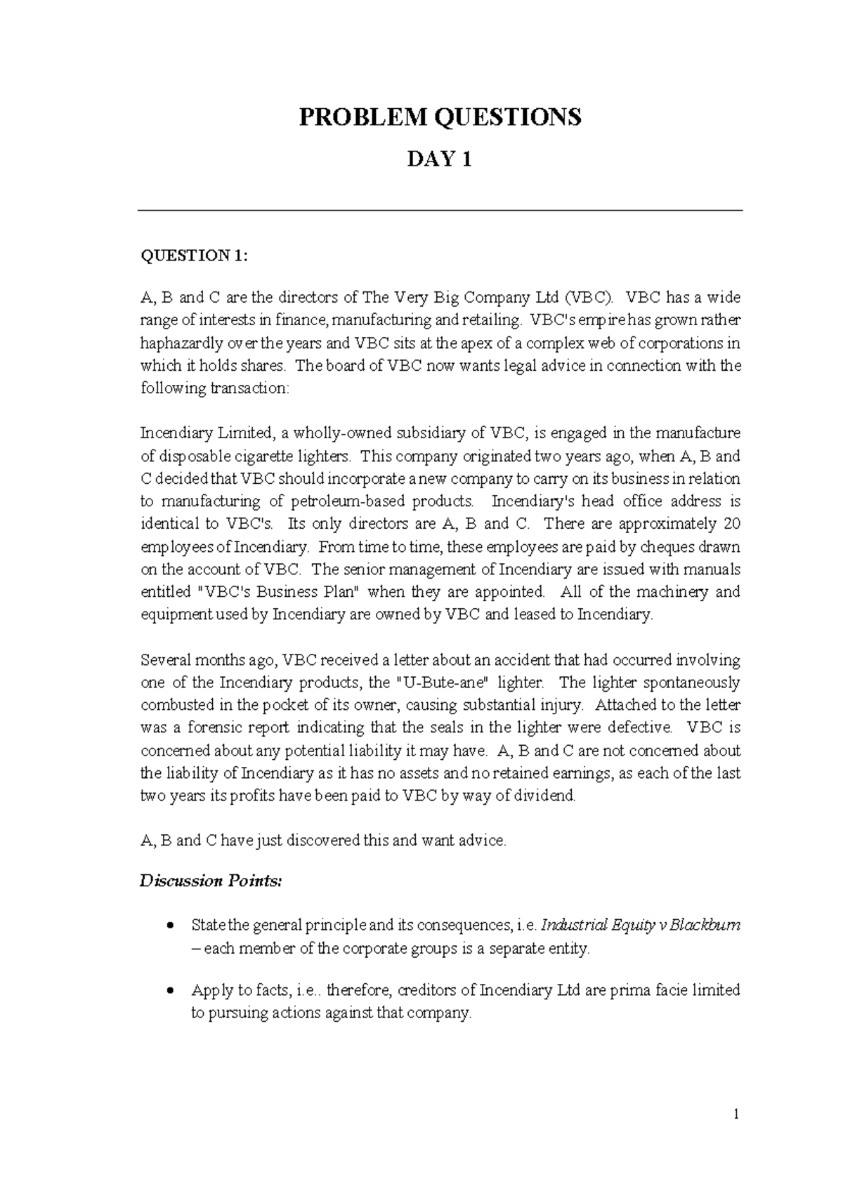 Day 1 Legal Problem Questions & Key Points for Corporate Law Issues ...