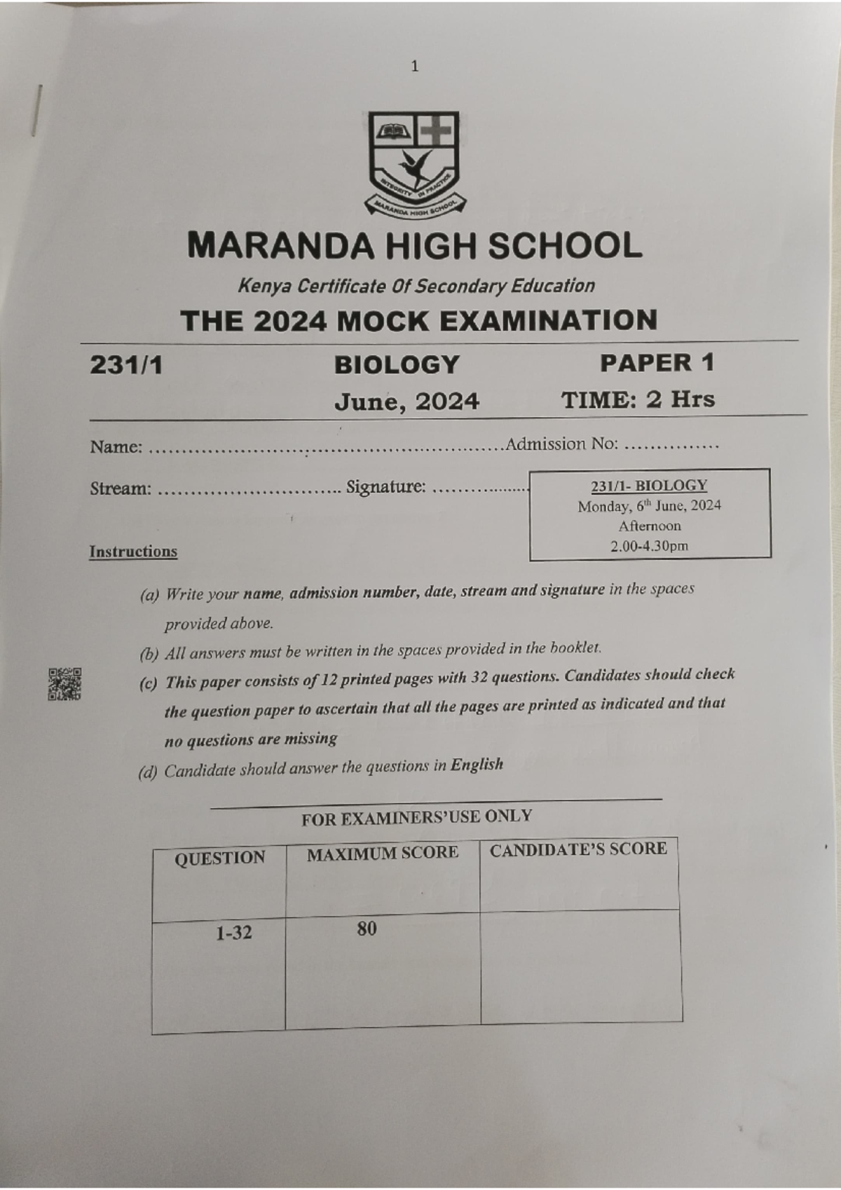 Biology KCSE 2024 Mock Exam Paper 1 - Maranda High School - Studocu