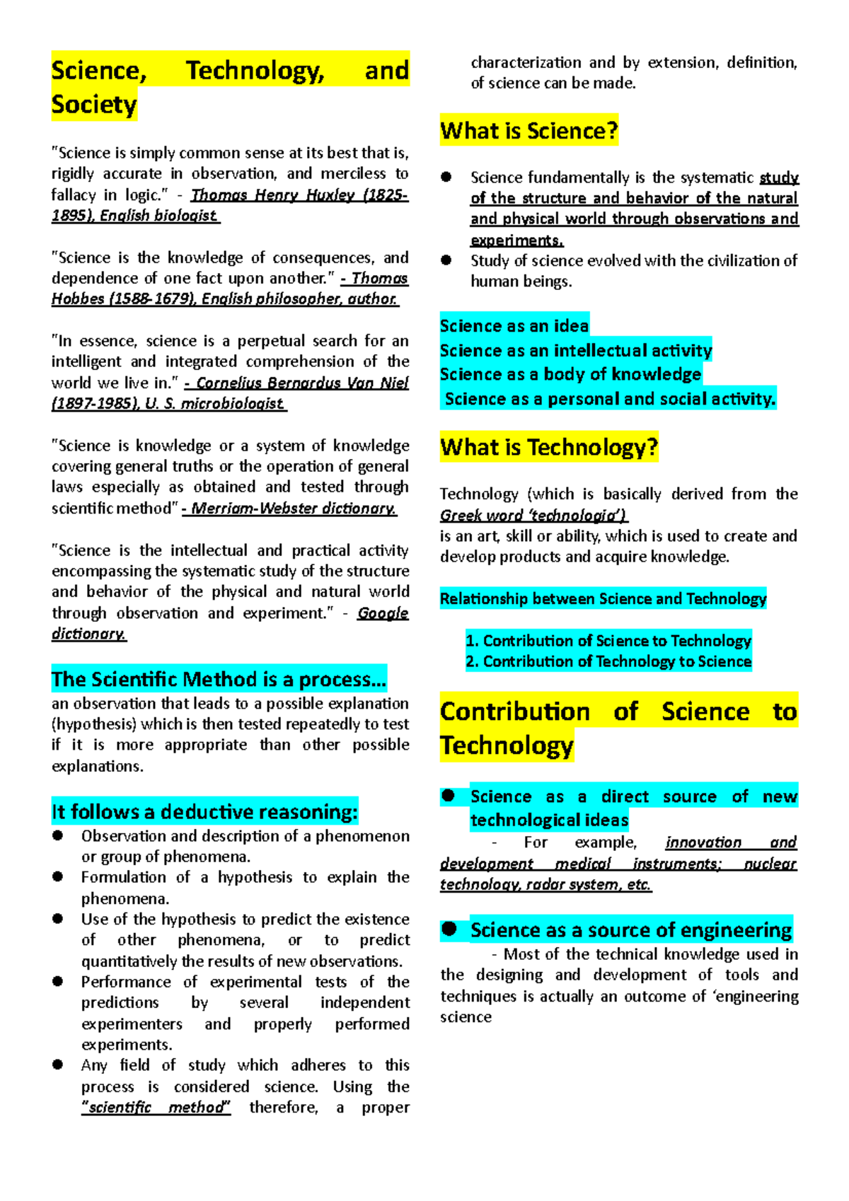 STS Reviewer - NOTES - Science, Technology, and Society "Science is ...