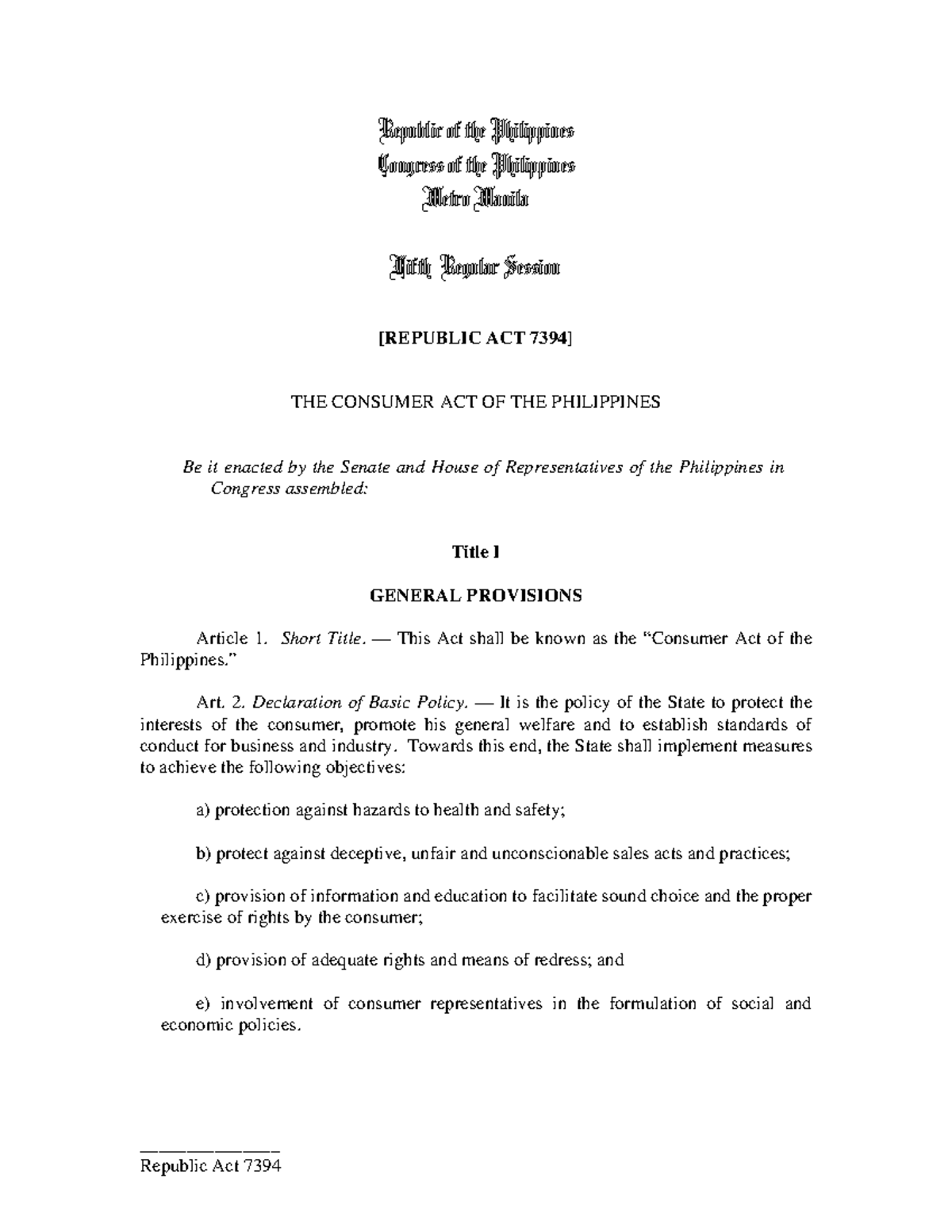Republic Act 7394: The Consumer Act of the Philippines - Studocu